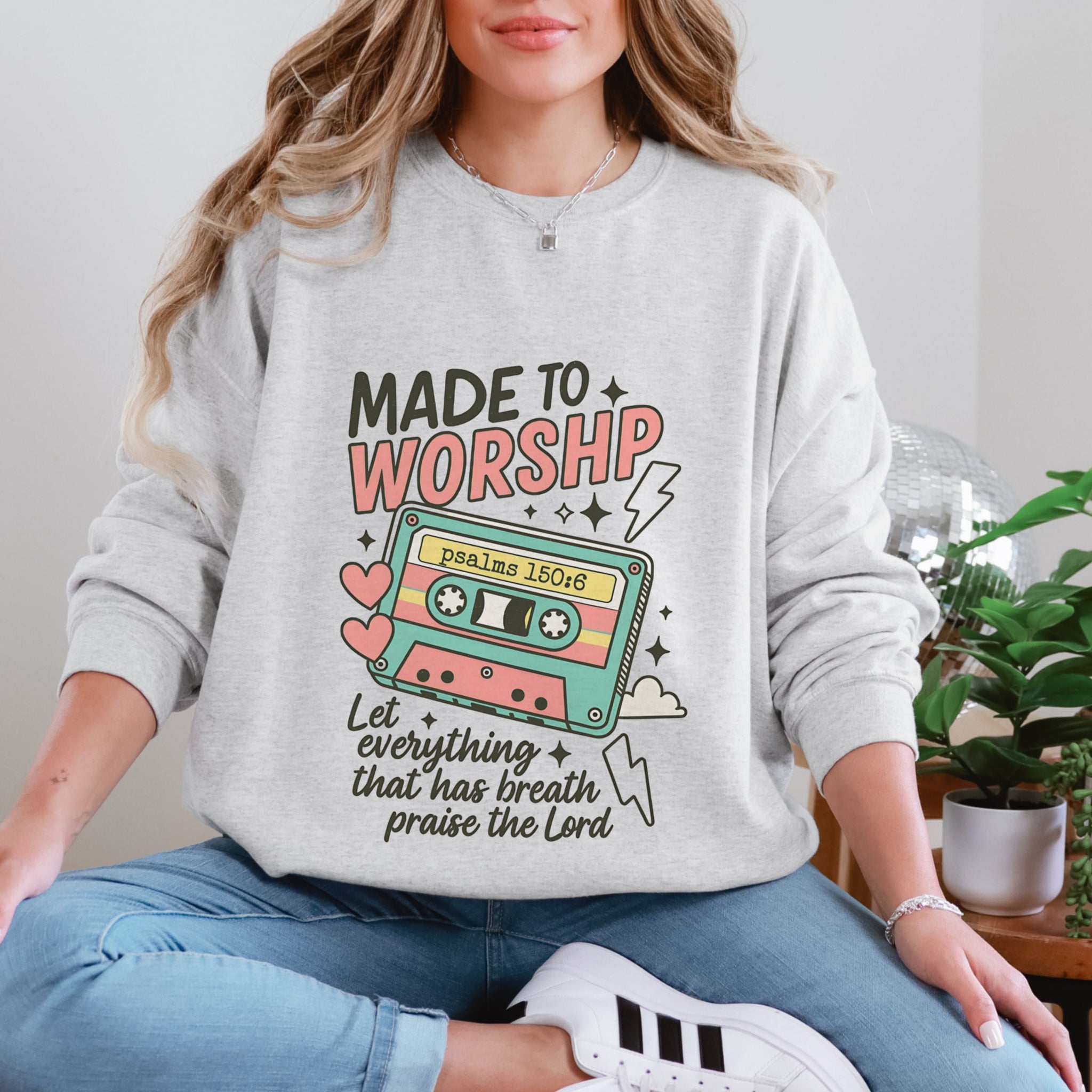 Ash grey Made To Worship Psalm 150:6 sweatshirt with colorful cassette design, retro Christian faith apparel for women
