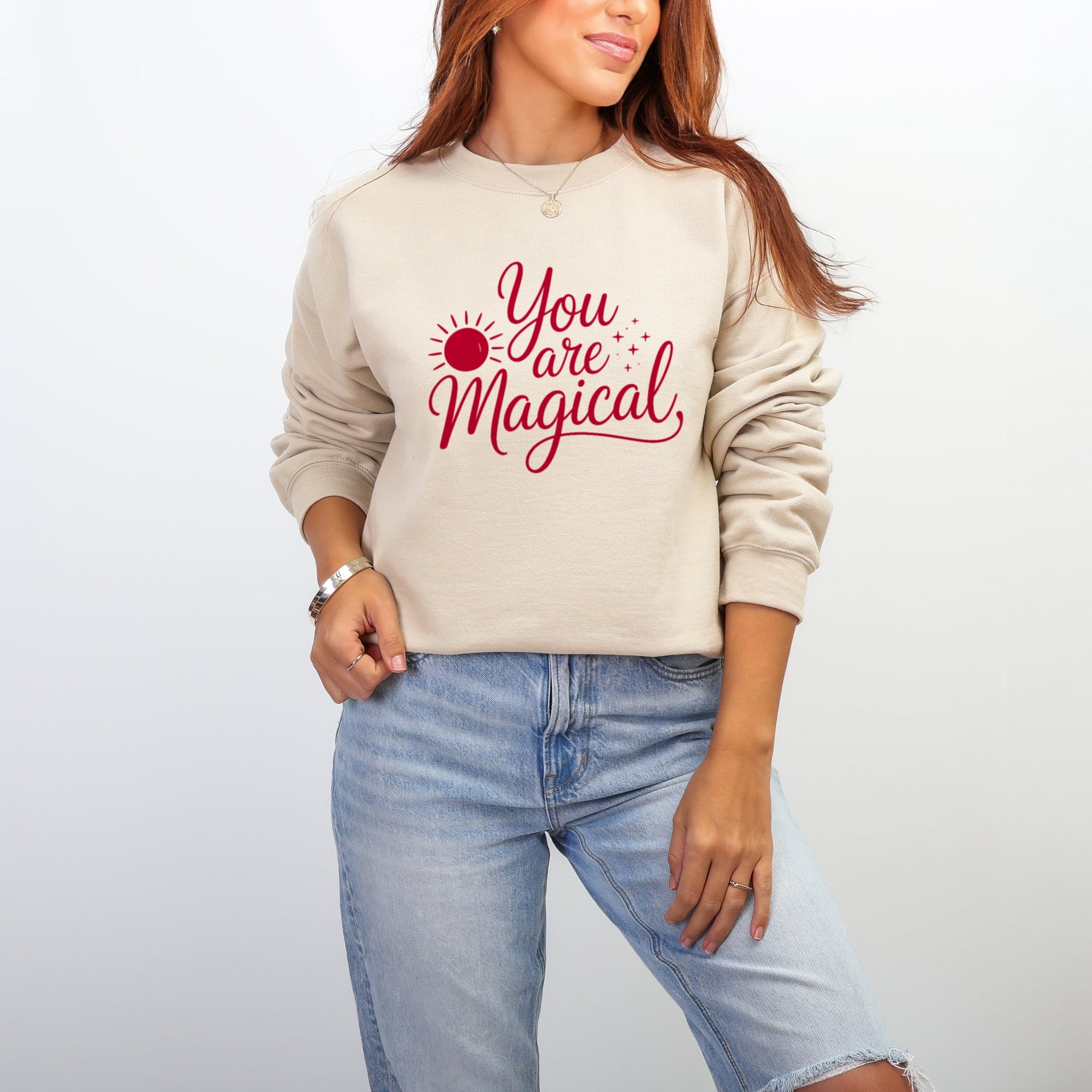 Cream You Are Magical sweatshirt with sun detail styled with jeans - empowering positive message crewneck