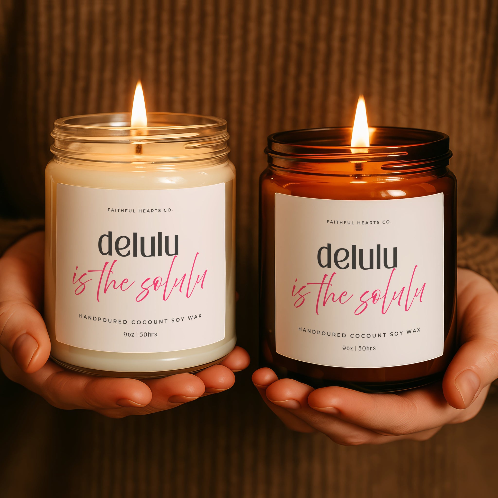 Delulu is the Solulu candles in clear and amber jars, fun manifestation gift set for her, trendy soft life aesthetic decor.
