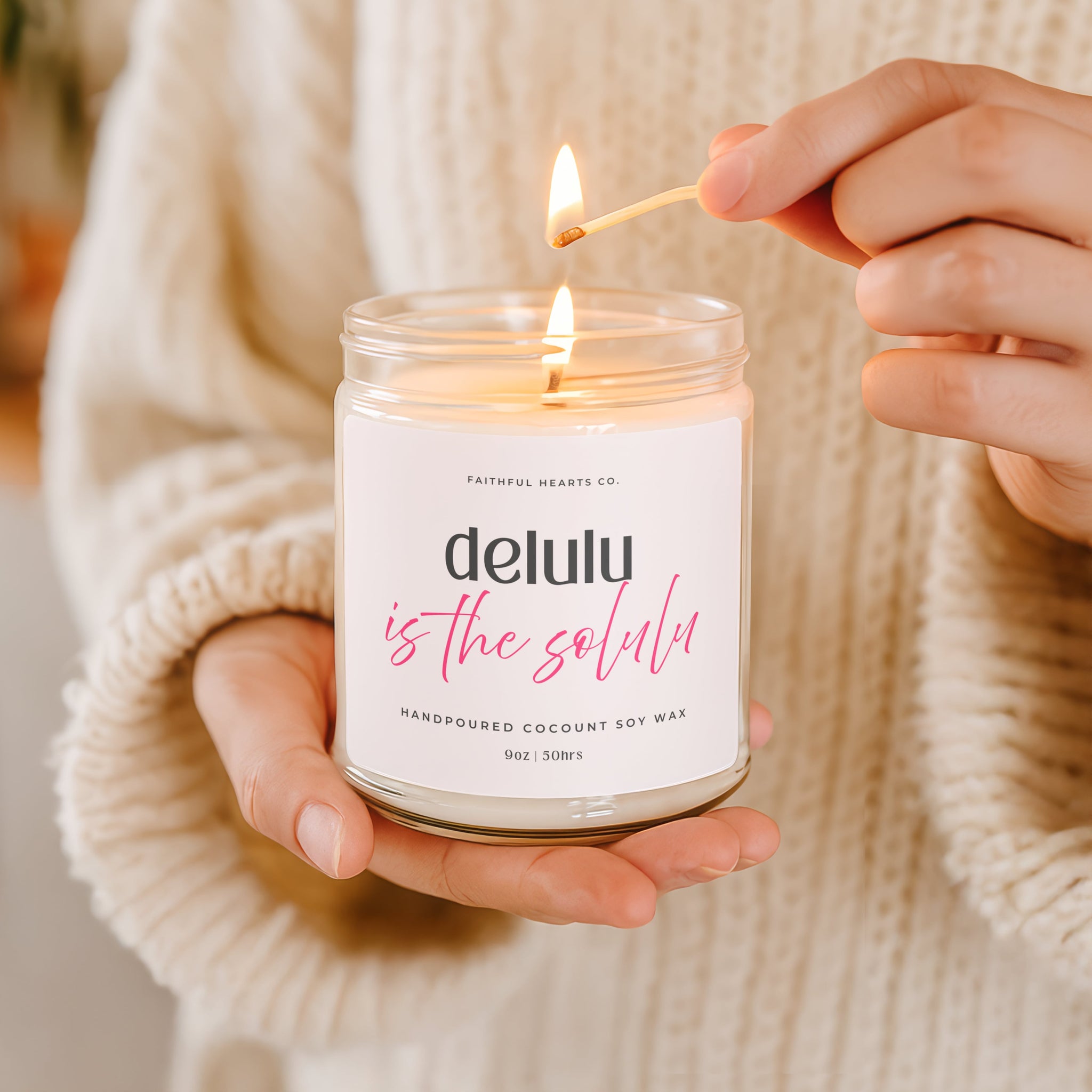 Faithful Hearts Delulu is the Solulu candle, coconut soy wax clear jar, positive energy gift for her to inspire manifestation and confidence.