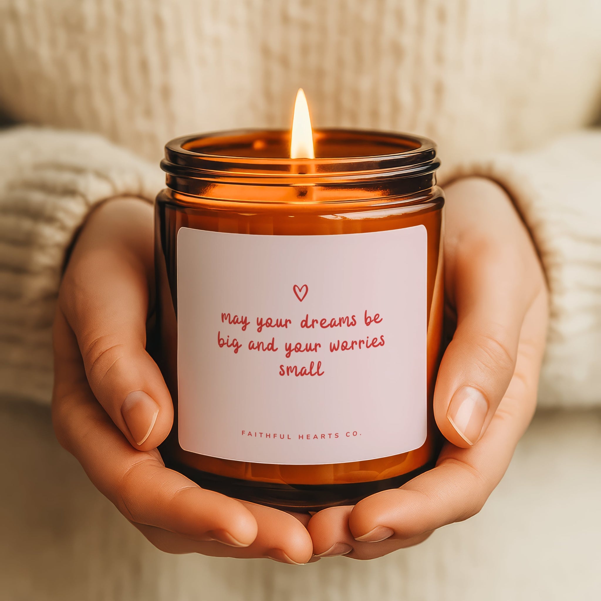 Inspirational candle for dreamers may your dreams be big your worries small pink label amber jar