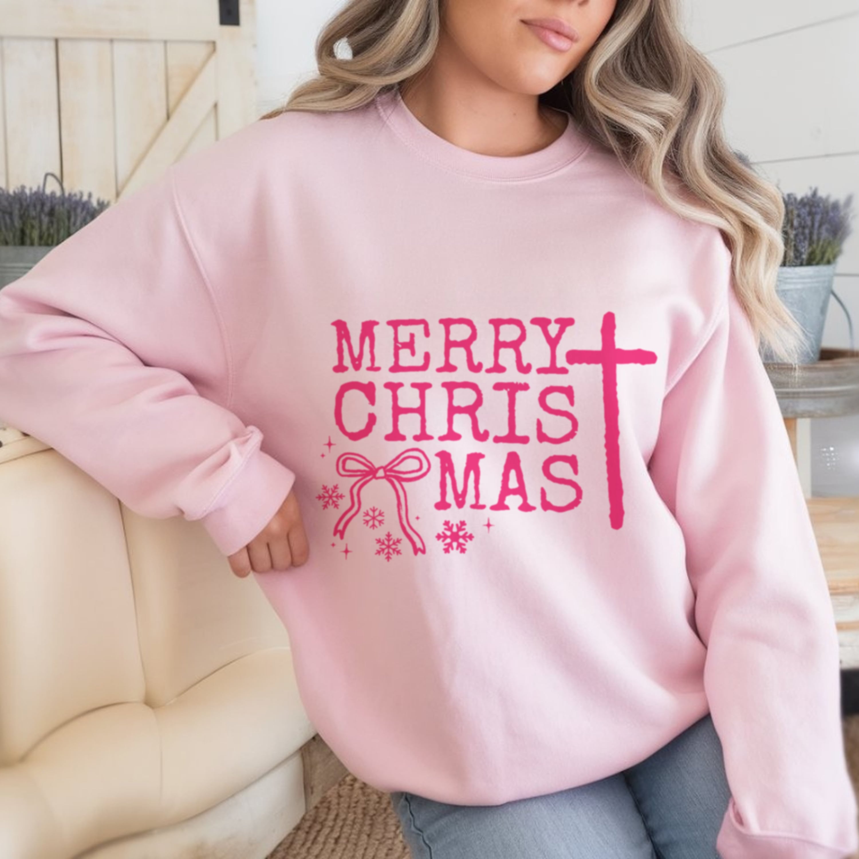 Merry ChrisTmas sweatshirt in soft pink with hot pink cross replacing the T, Christian Christmas faith crewneck for women