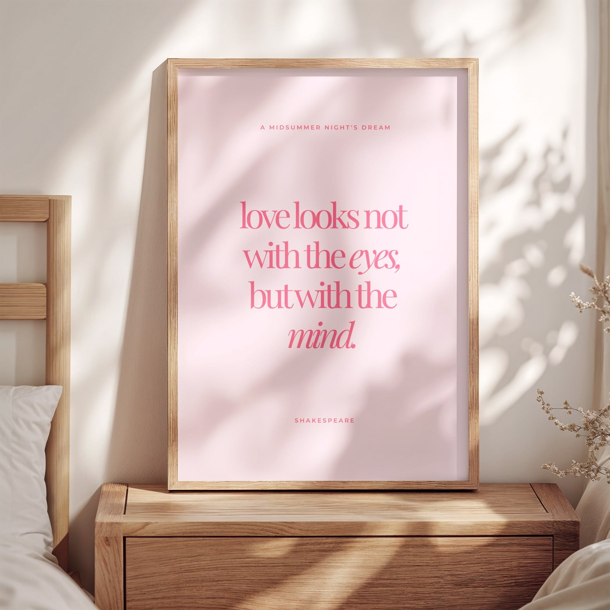 Inspirational pink literary wall art with Shakespeare’s famous love quote.
