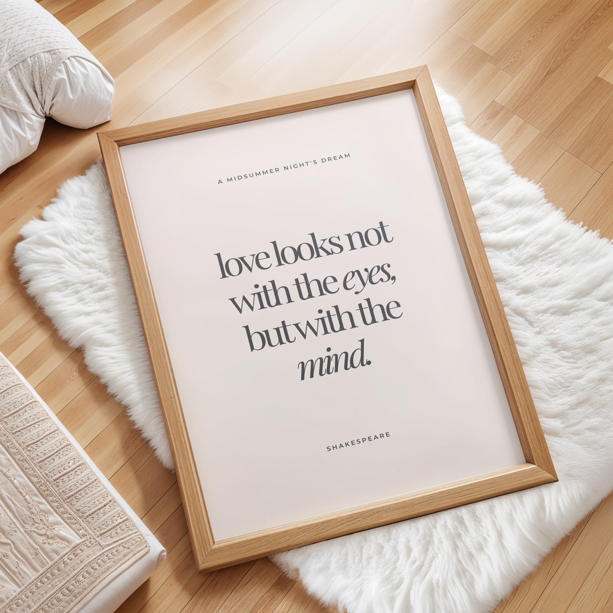 Minimalist literary wall art print featuring Shakespeare’s A Midsummer Night’s Dream love quote.