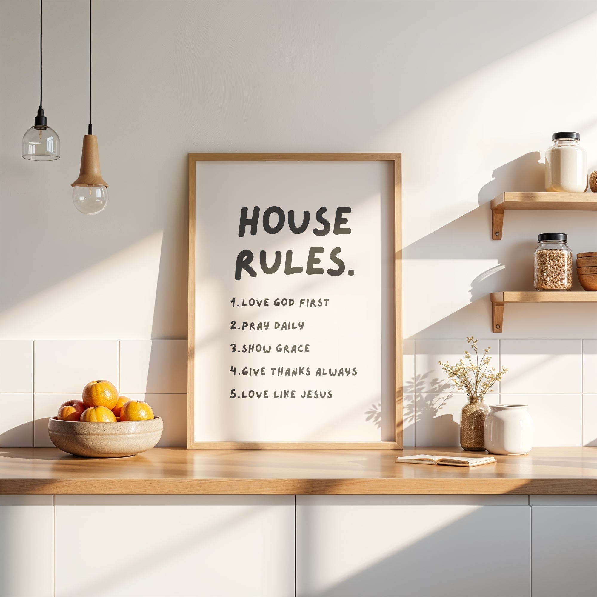 Modern farmhouse style house rules sign with Christian principles, perfect faith wall art for family homes.