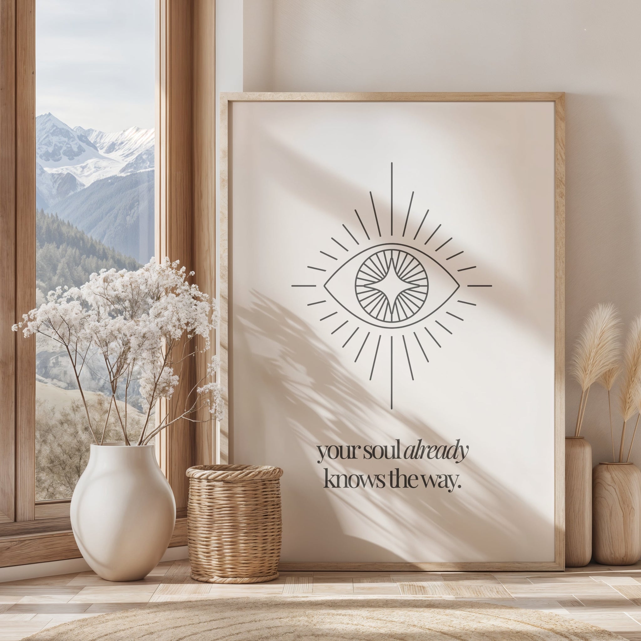 Spiritual wall décor in beige tones featuring “Your soul already knows the way” text.