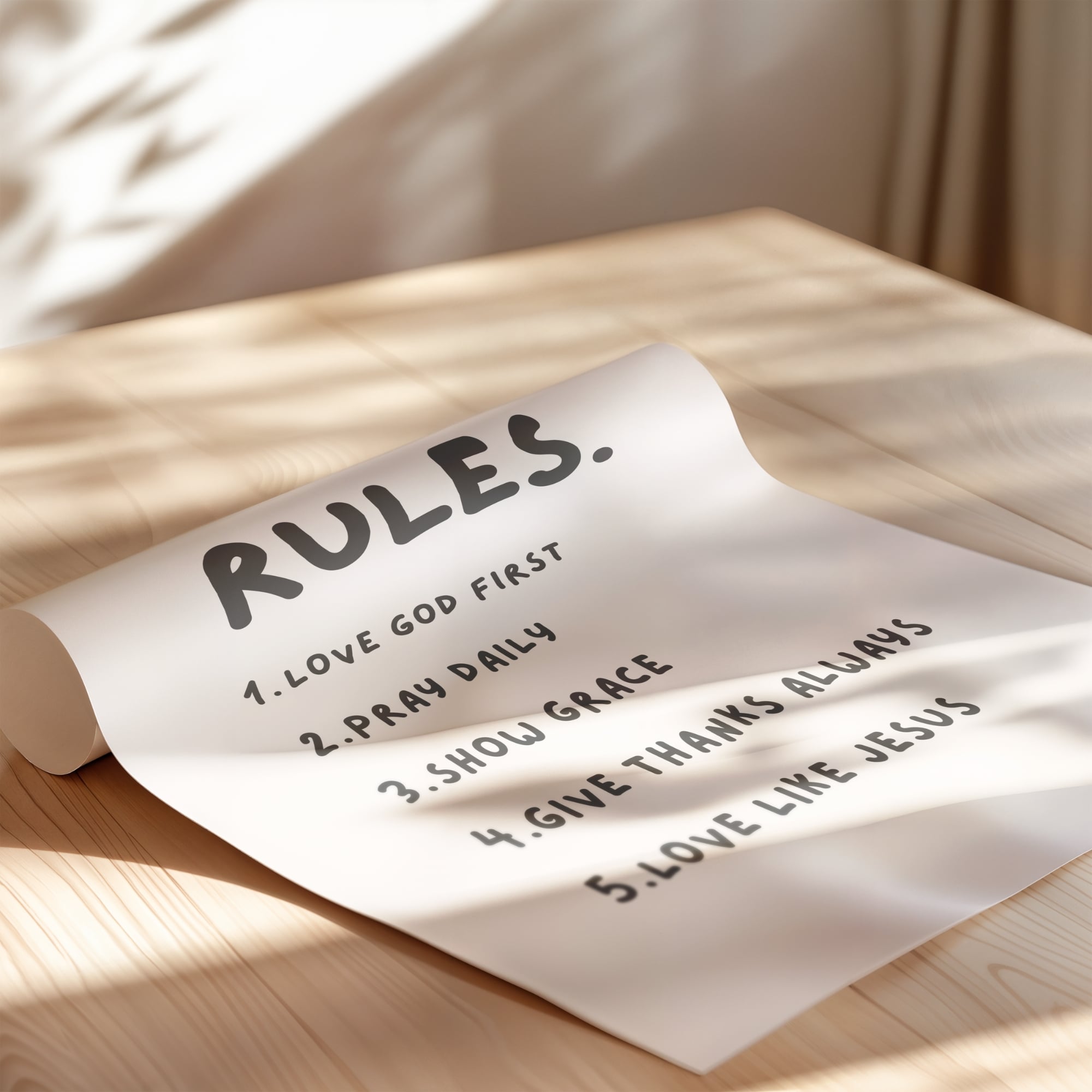 Faith-inspired house rules wall print, modern Christian home décor with daily reminders for gratitude and kindness.