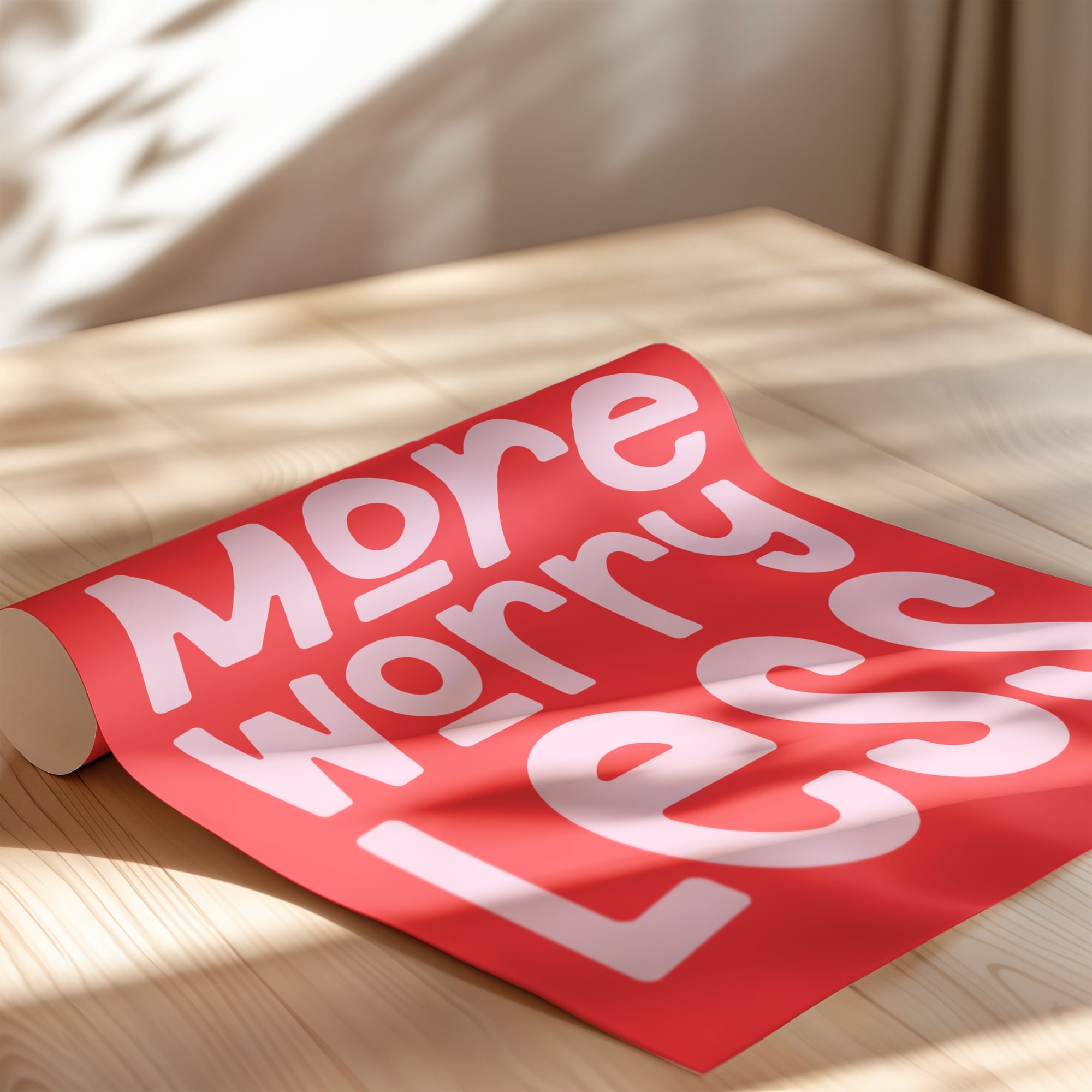 Pray More Worry Less scripture wall art print with vibrant red background and soft pink bold typography