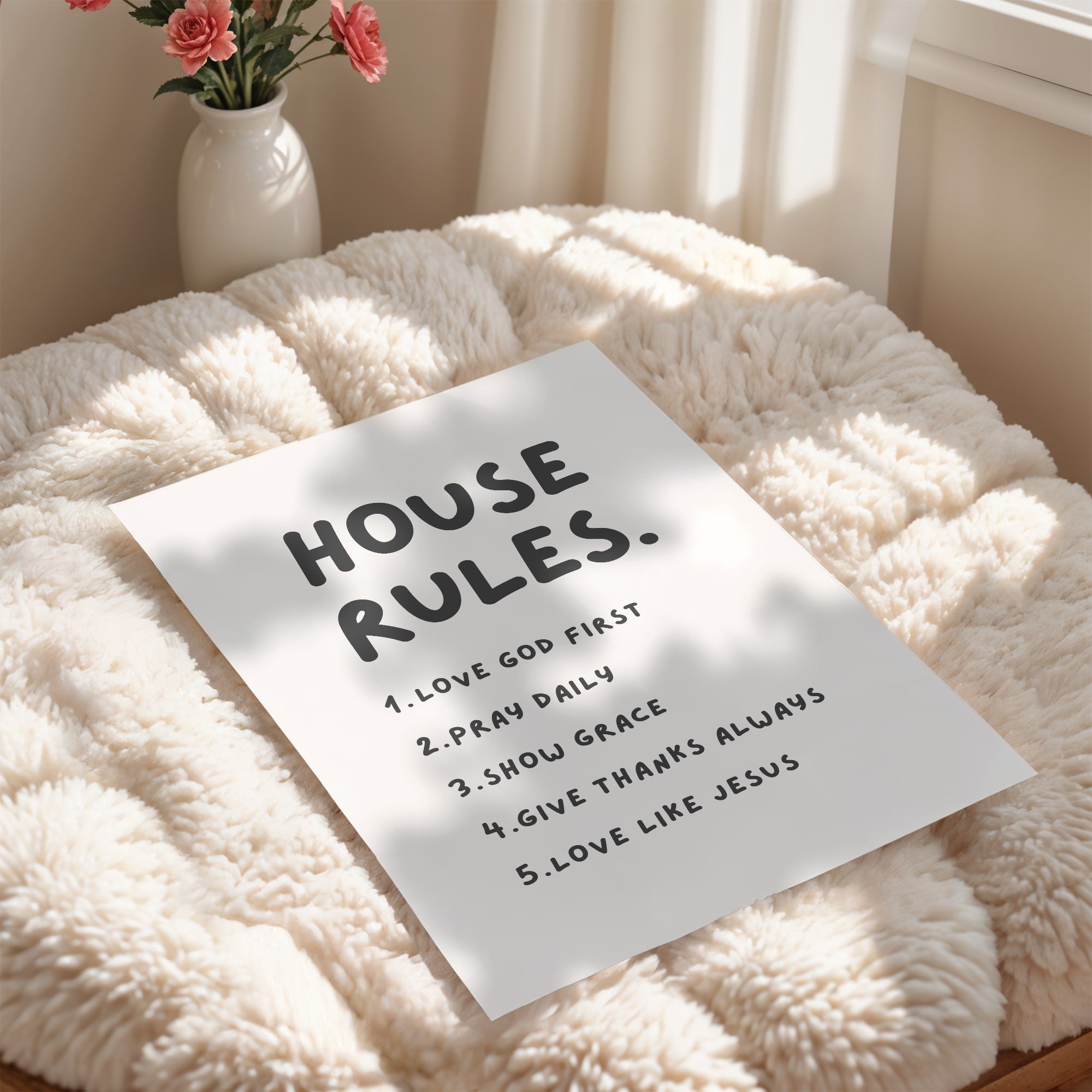 Christian family rules wall art – modern minimalist print with house rules rooted in love, kindness, and grace.