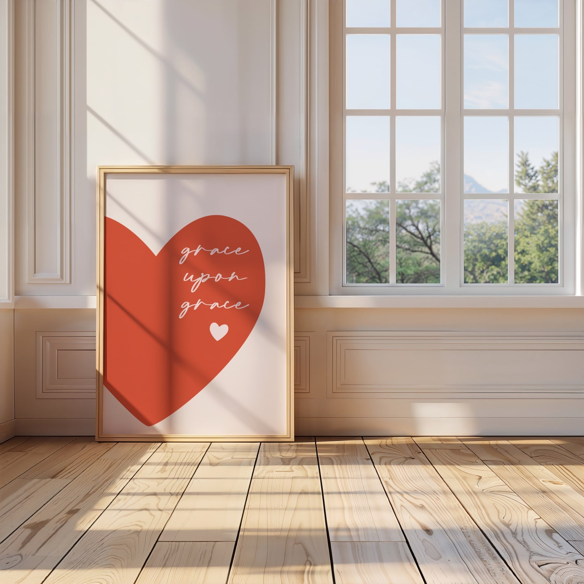 Grace Over Grace wall art print with coral red heart and elegant lettering, modern Christian décor for women’s bedrooms or prayer corners.