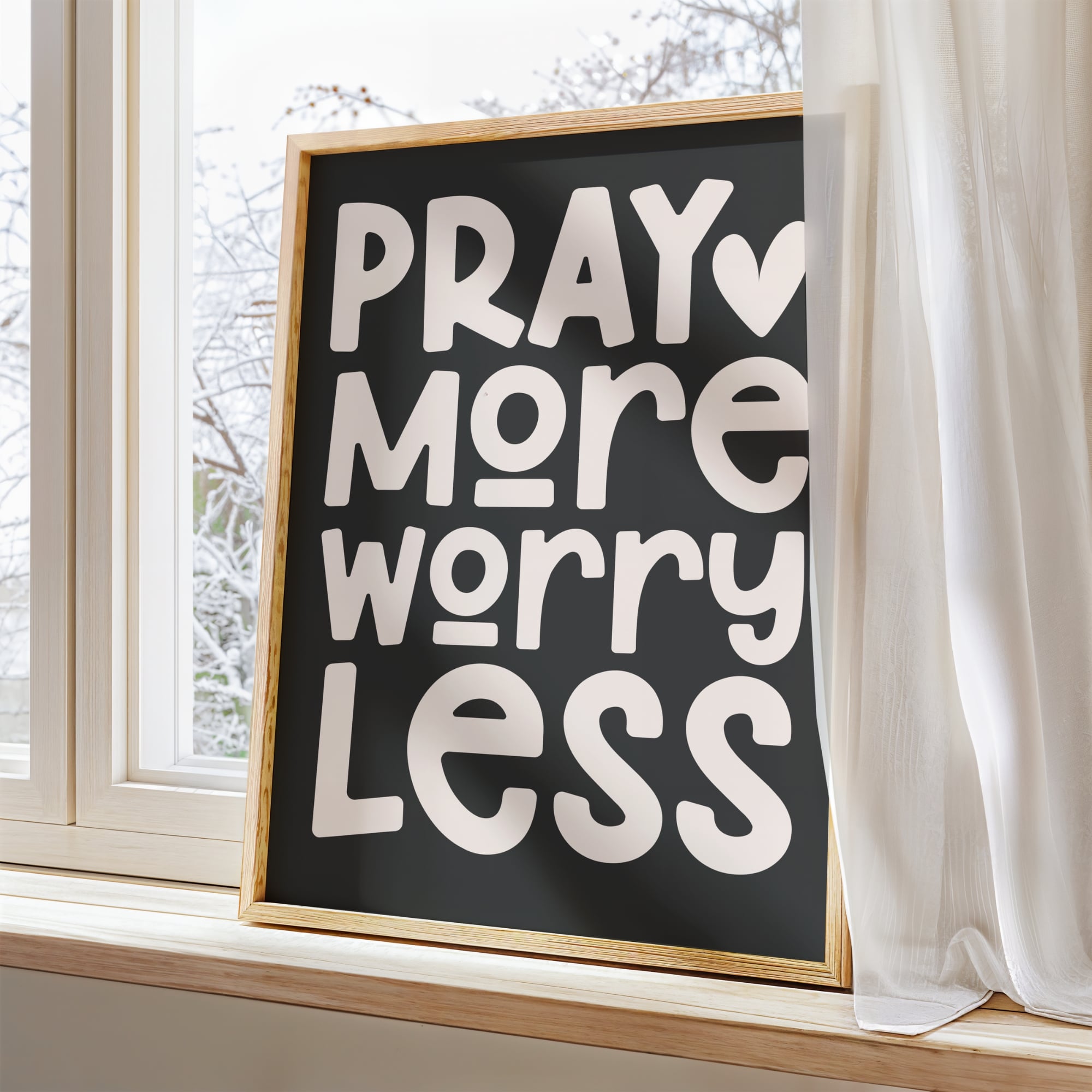 black and beige “Pray More Worry Less” Christian wall art print for modern homes.