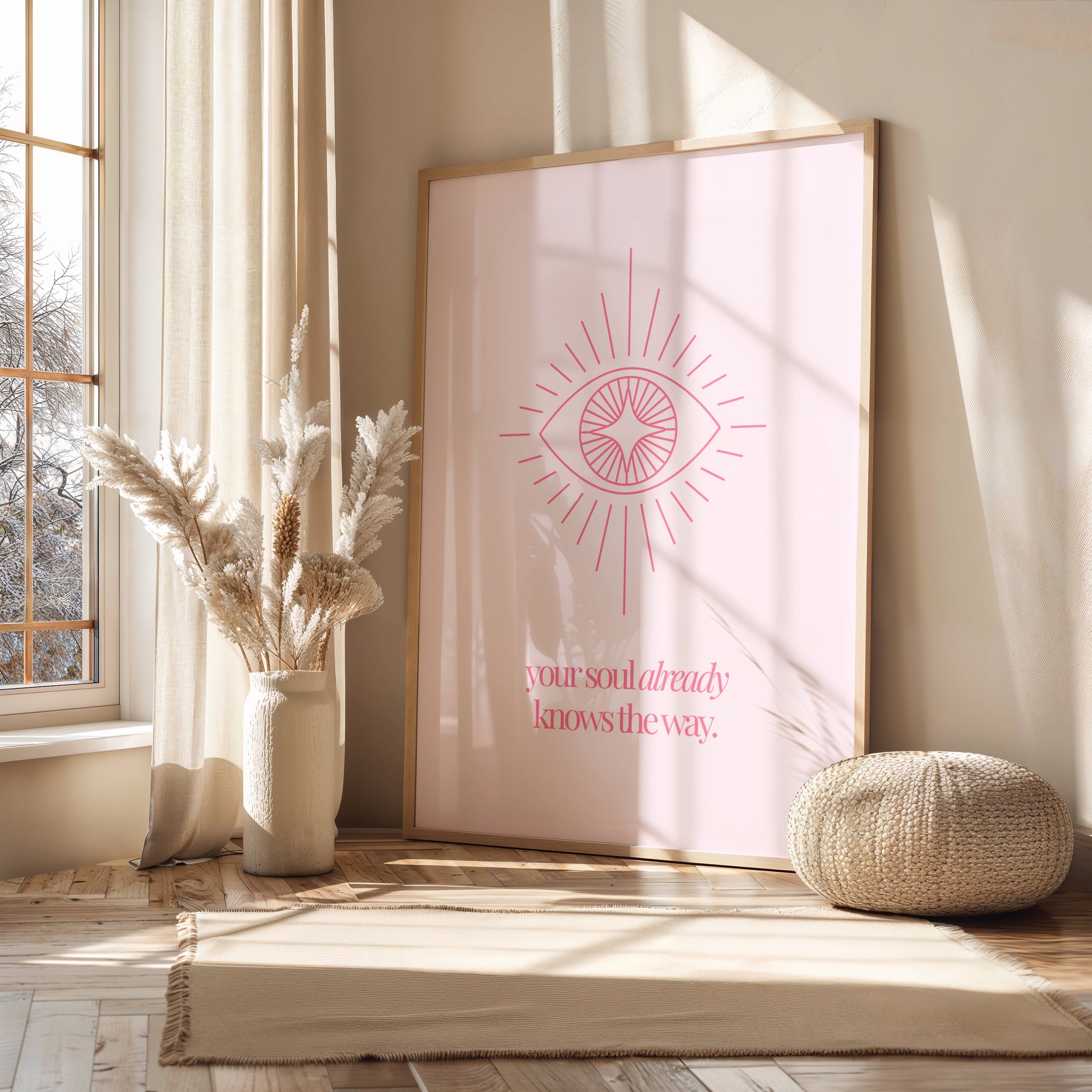 Dreamy pink 'Your soul already knows the way' print with mystical eye illustration. Soft spiritual wall art.