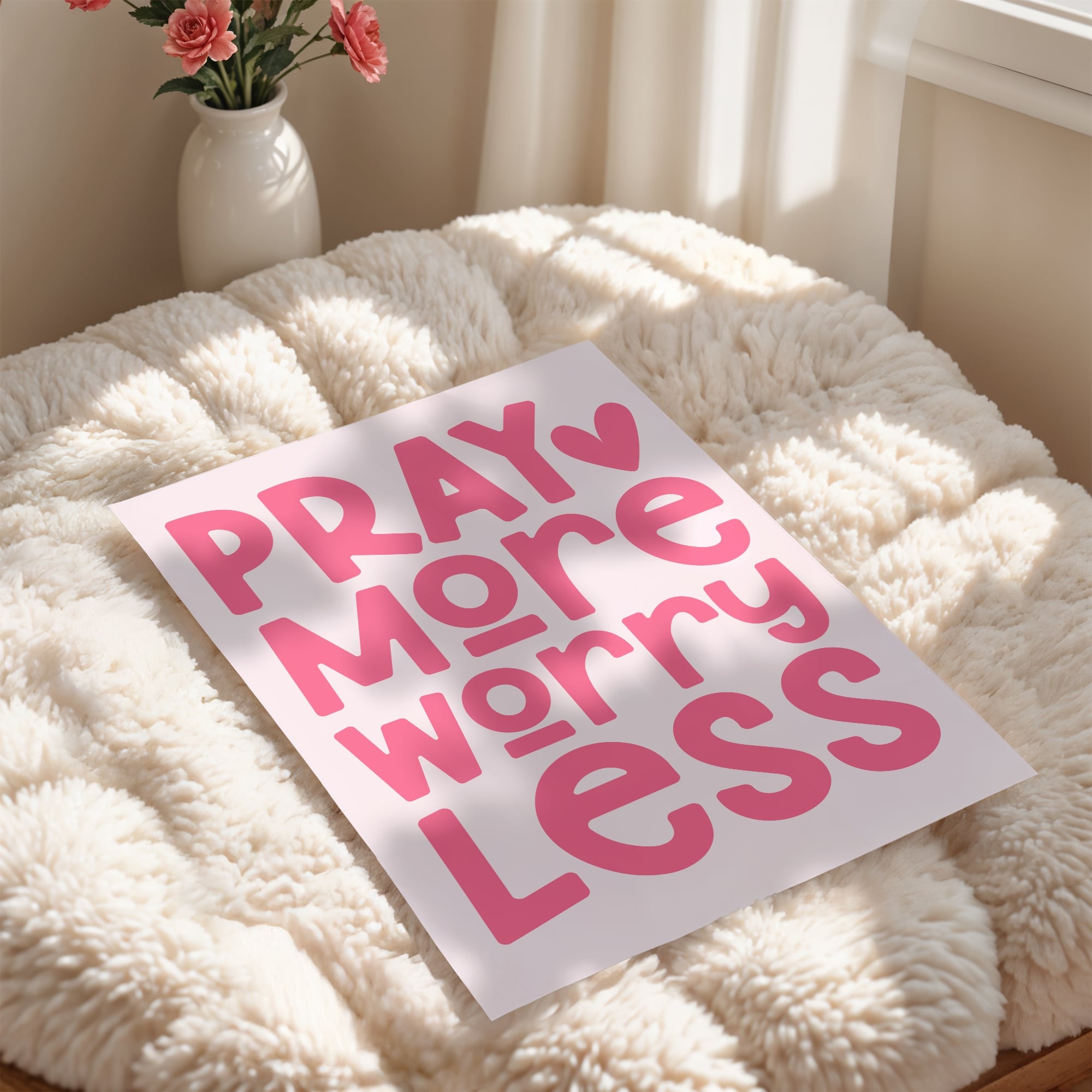 Modern minimalist Christian print with pink lettering, perfect faith-based home décor.