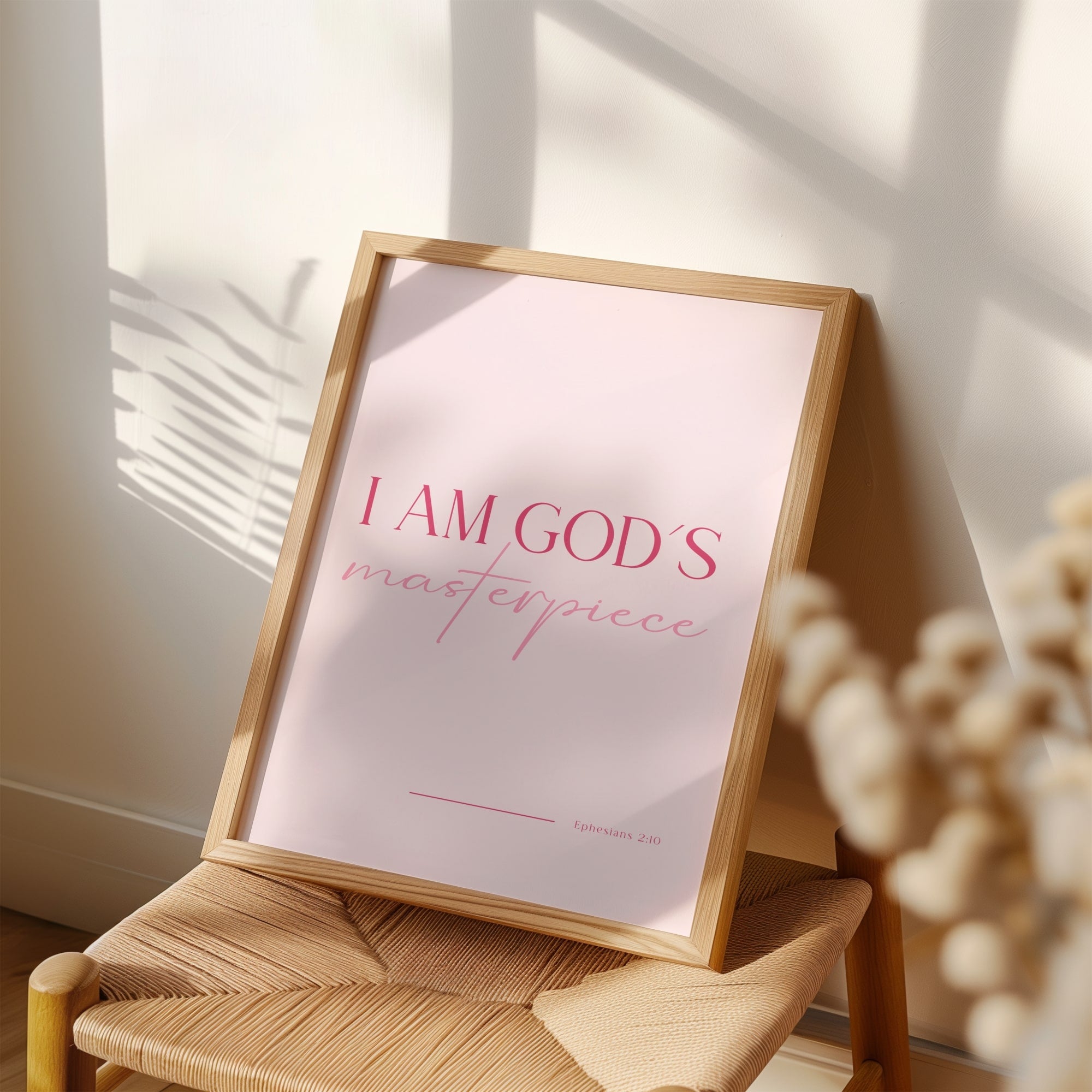 Modern Christian home décor print featuring “I Am God’s Masterpiece” in pink.