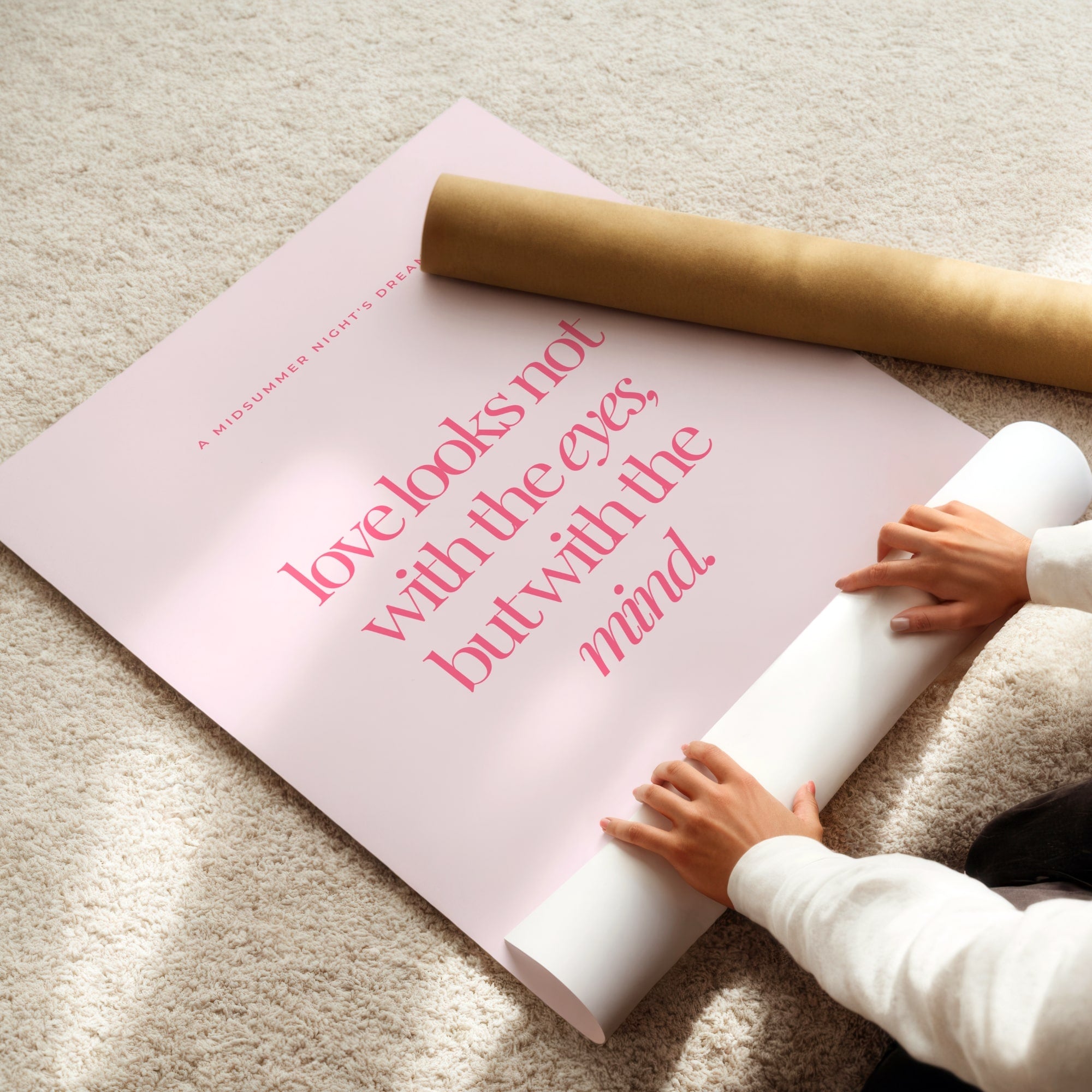 Pink Shakespeare quote wall art with “Love looks not with the eyes, but with the mind” in elegant text.