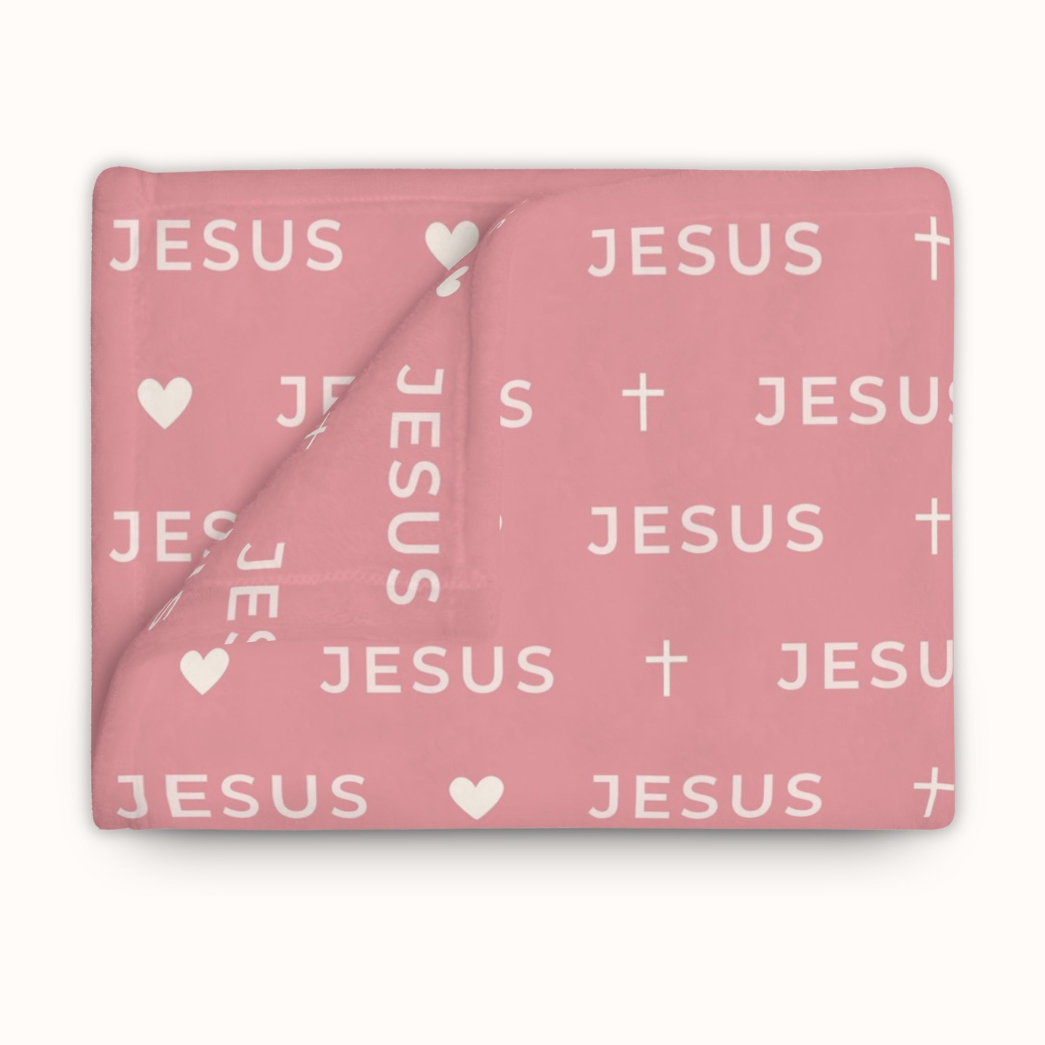 Christian gift blanket in blush pink with repeated Jesus print