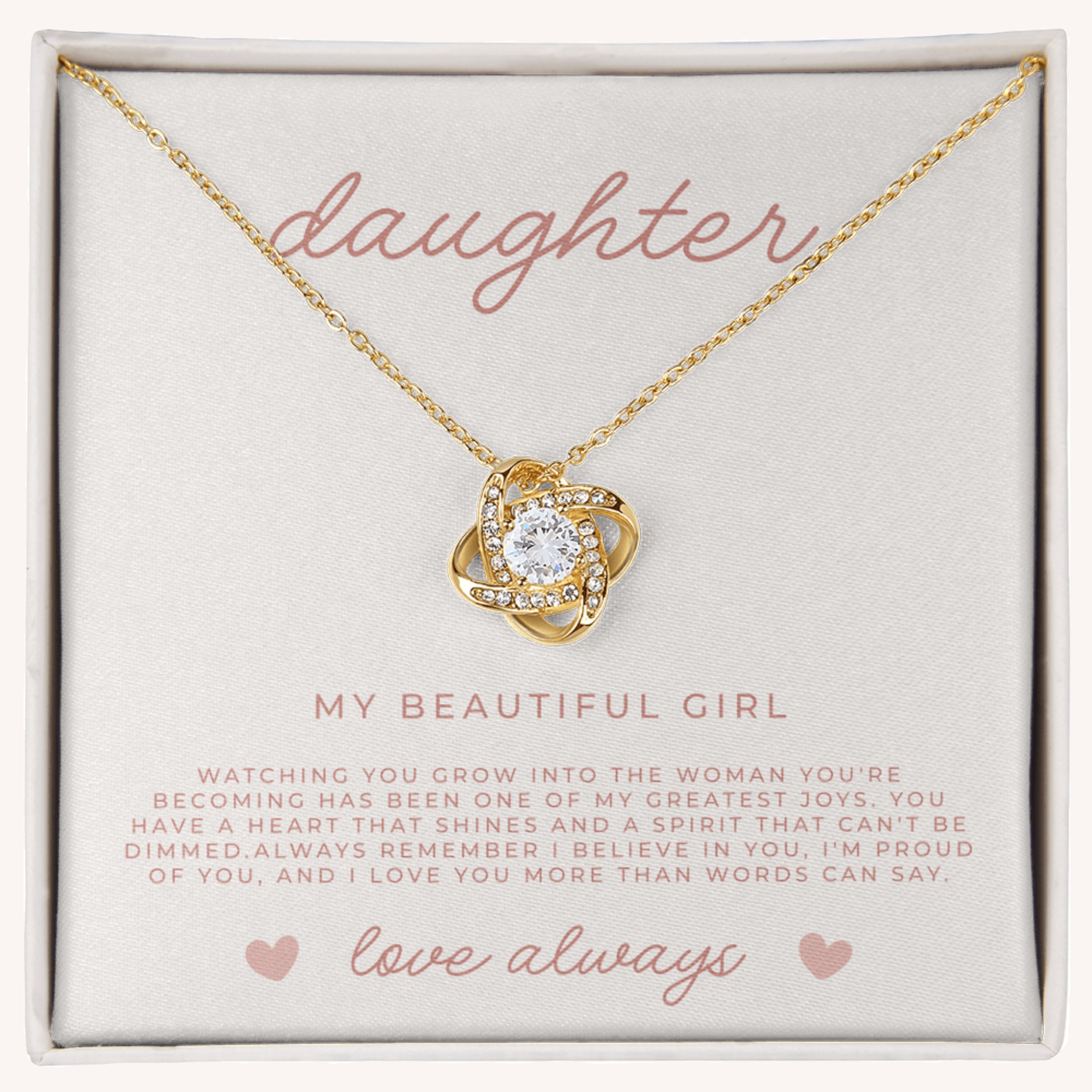 Gold love knot necklace for daughter with cubic zirconia stone and heartfelt message card gift