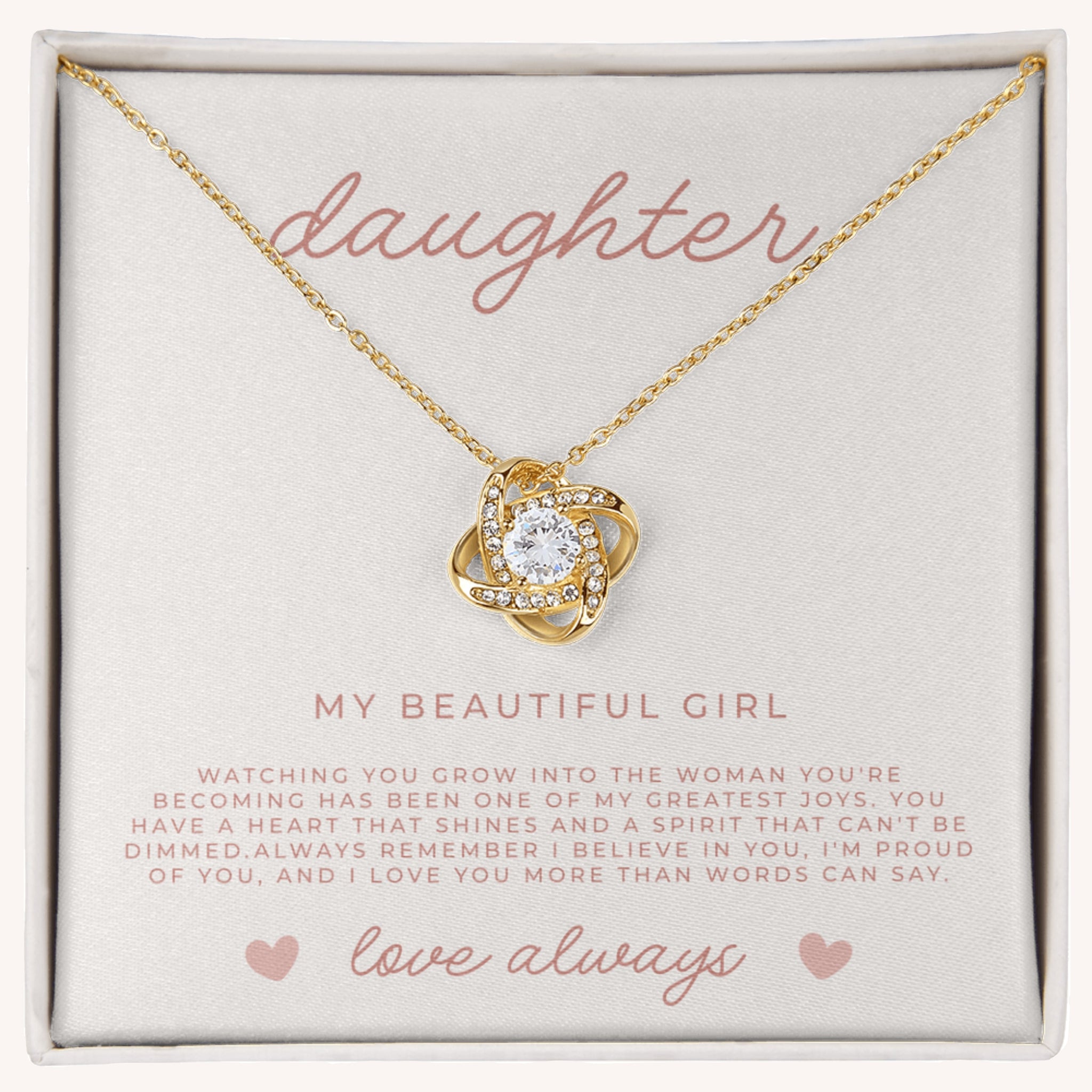 Gold love knot necklace for daughter with cubic zirconia stone and heartfelt message card gift