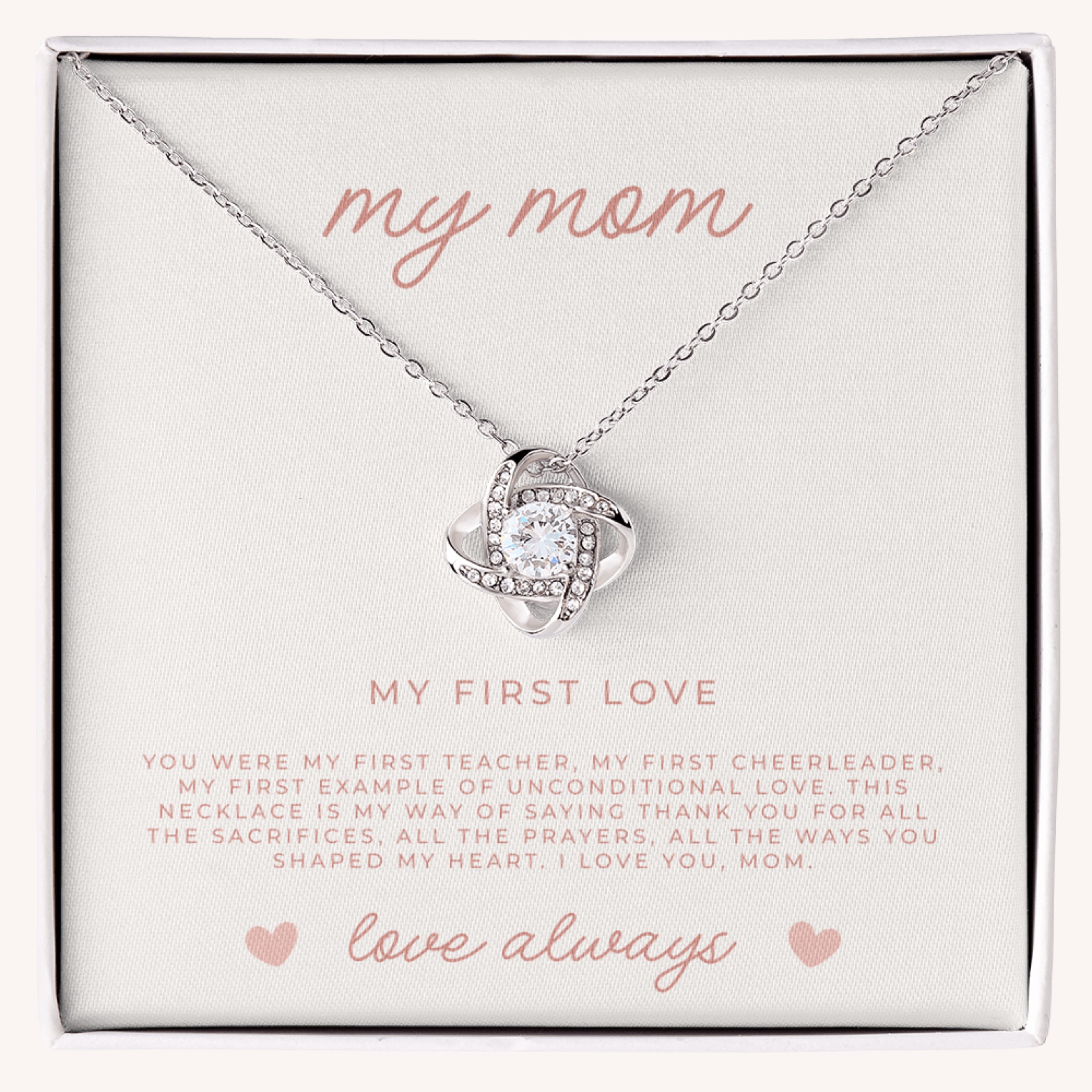 White gold love knot necklace for Mom in gift box with sweet faith filled message card inside