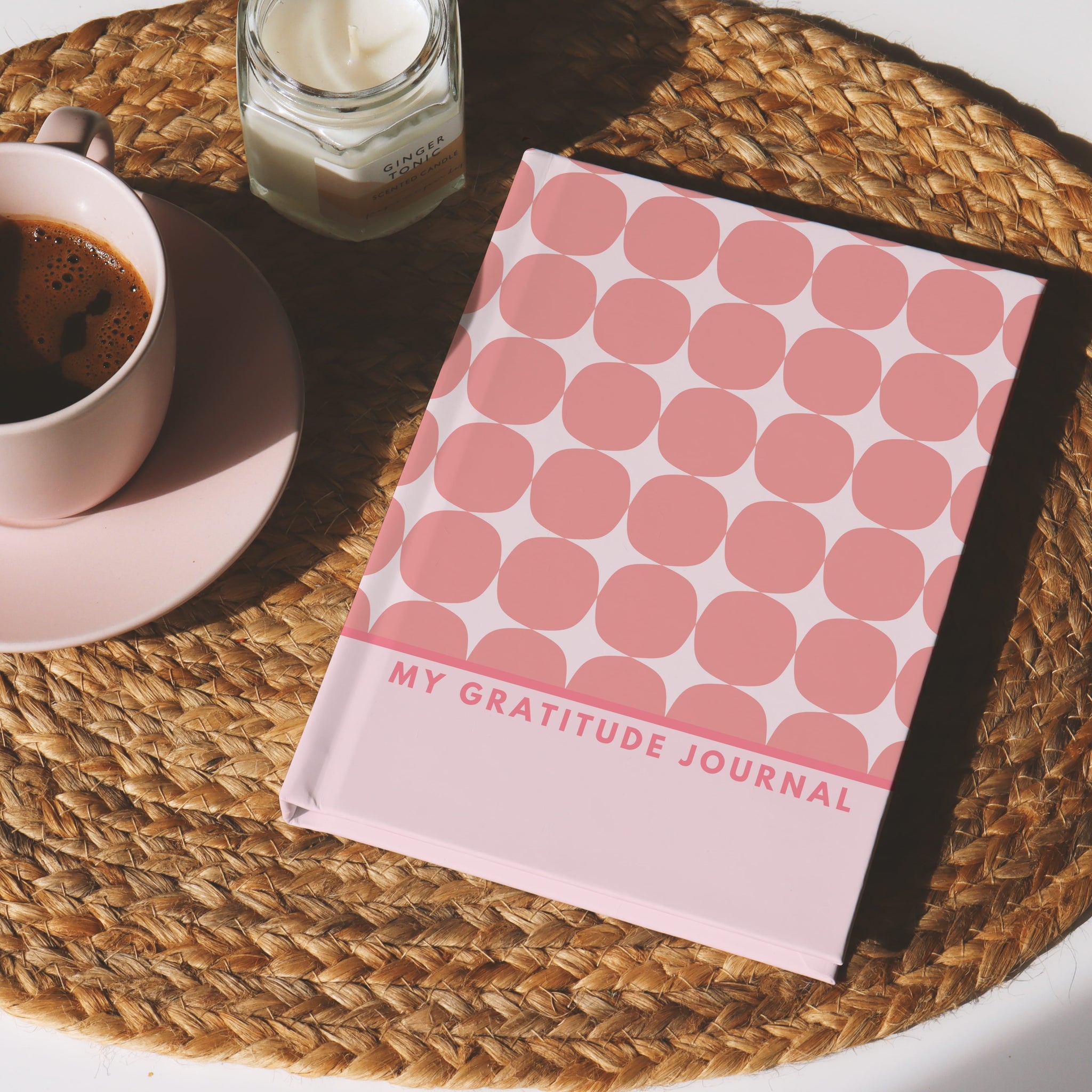 Modern pink gratitude journal with bold geometric design and “My Gratitude Journal” text