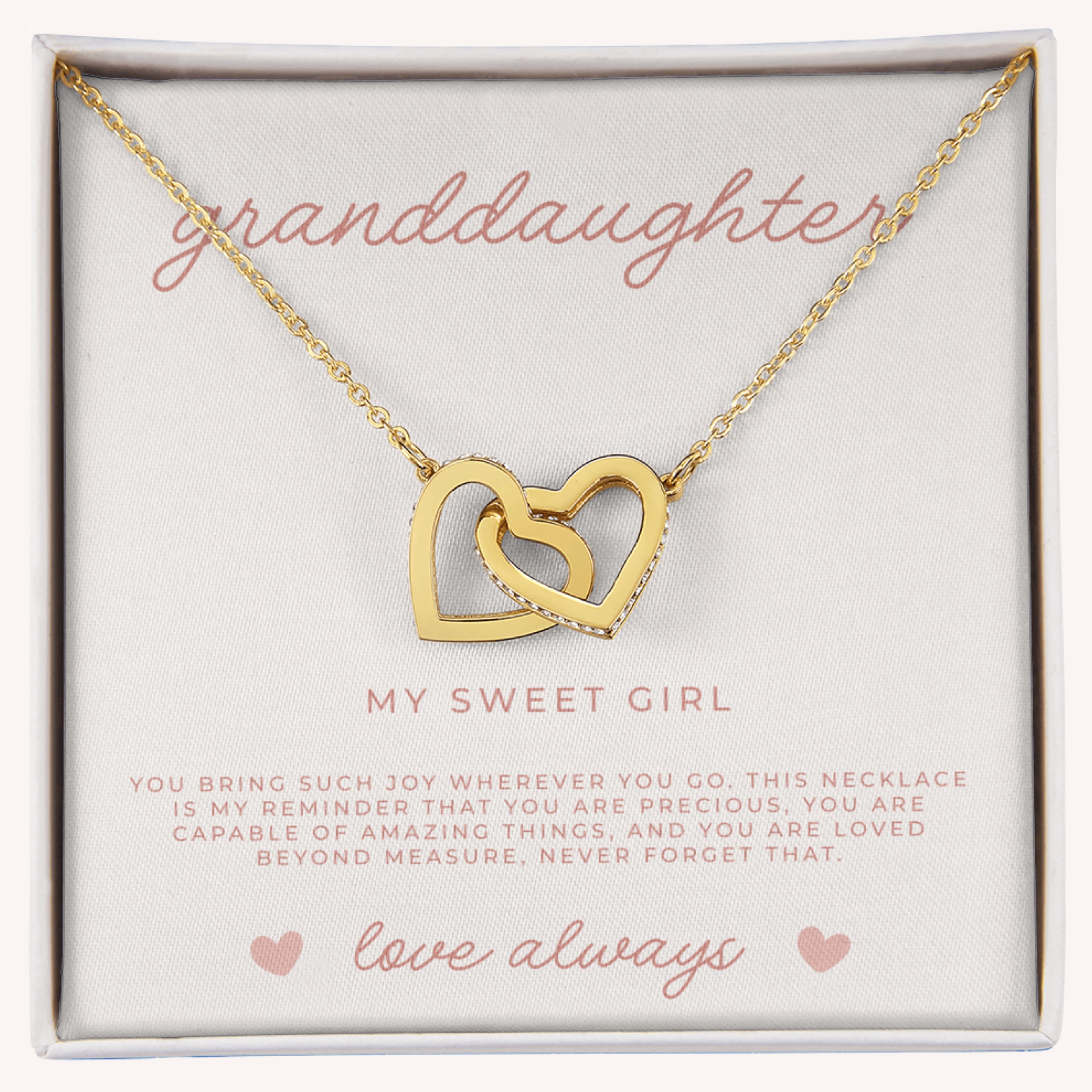 Gold necklace with interlocking hearts in a box with message card reading 'granddaughter' and 'my sweet girl'.