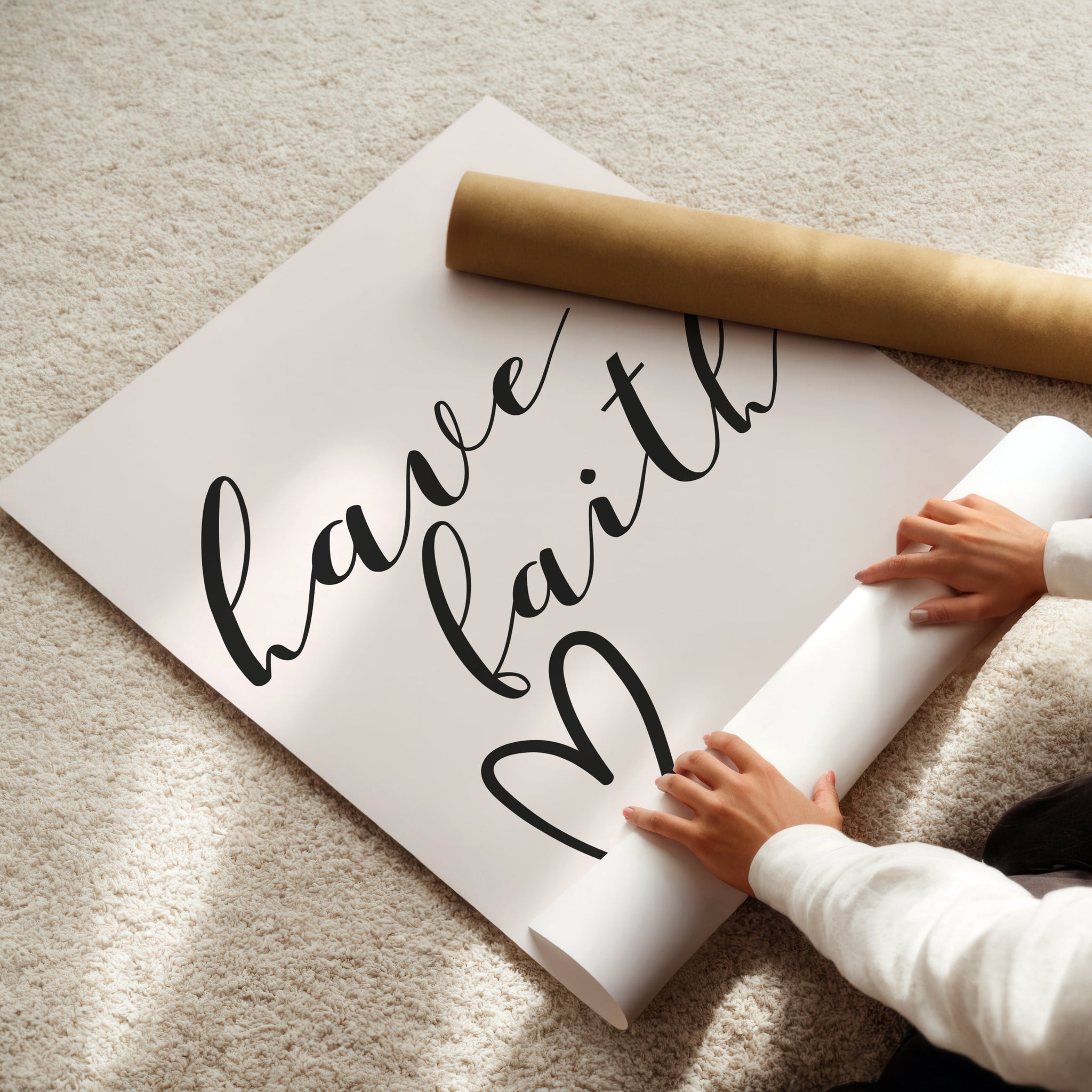 Neutral minimalist wall décor featuring “Have Faith” inspirational Christian quote.