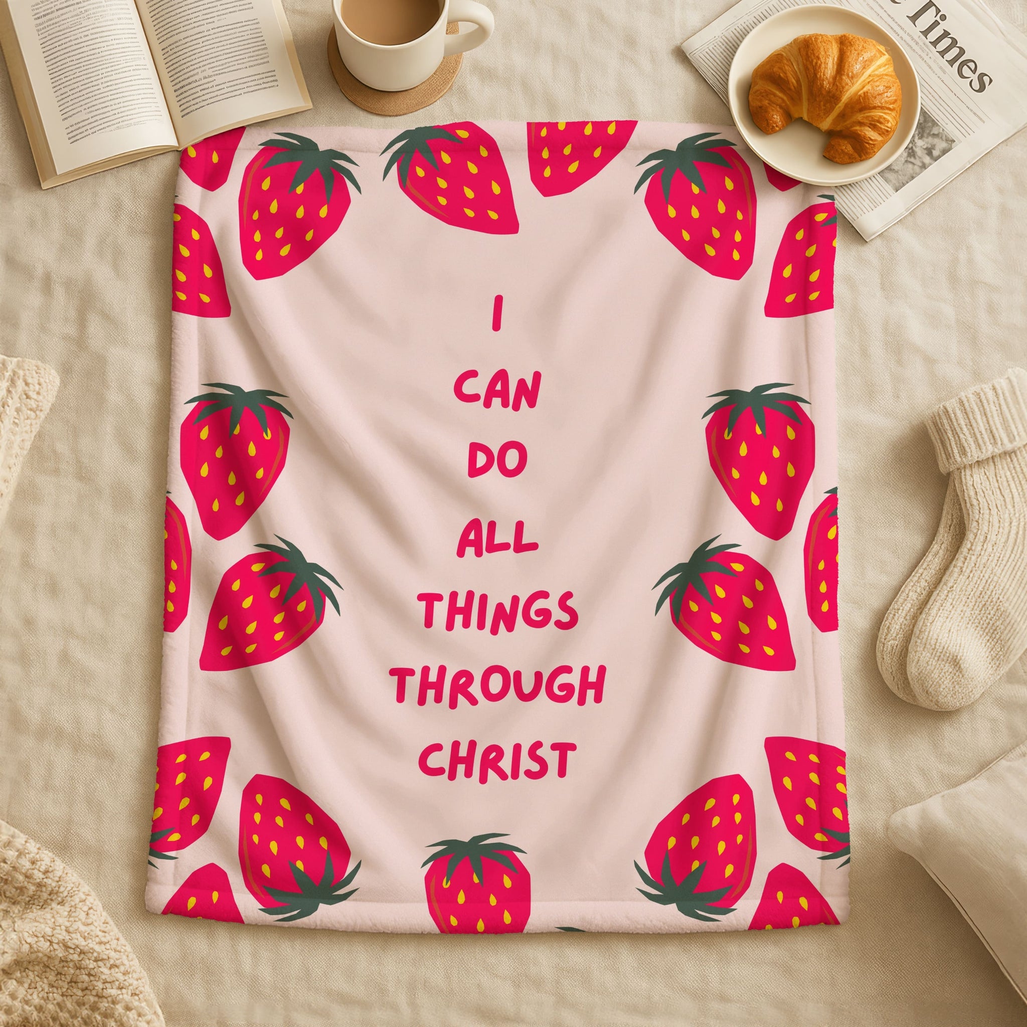 Pink Christian blanket with strawberries around the border and Philippians 4:13 scripture in hot pink