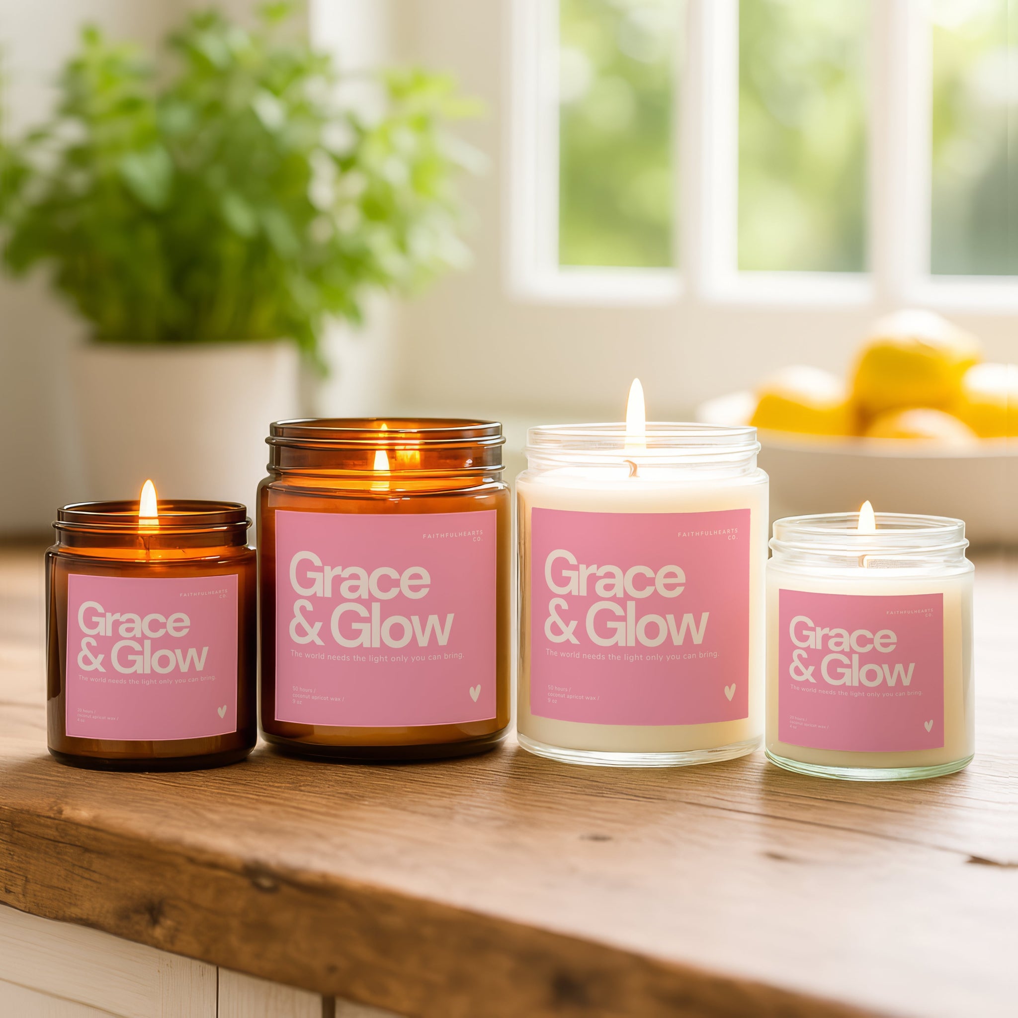 Grace & Glow spiritual candles for her with soft pink label and uplifting message, hand poured coconut apricot wax candle promoting positivity and mindfulness.