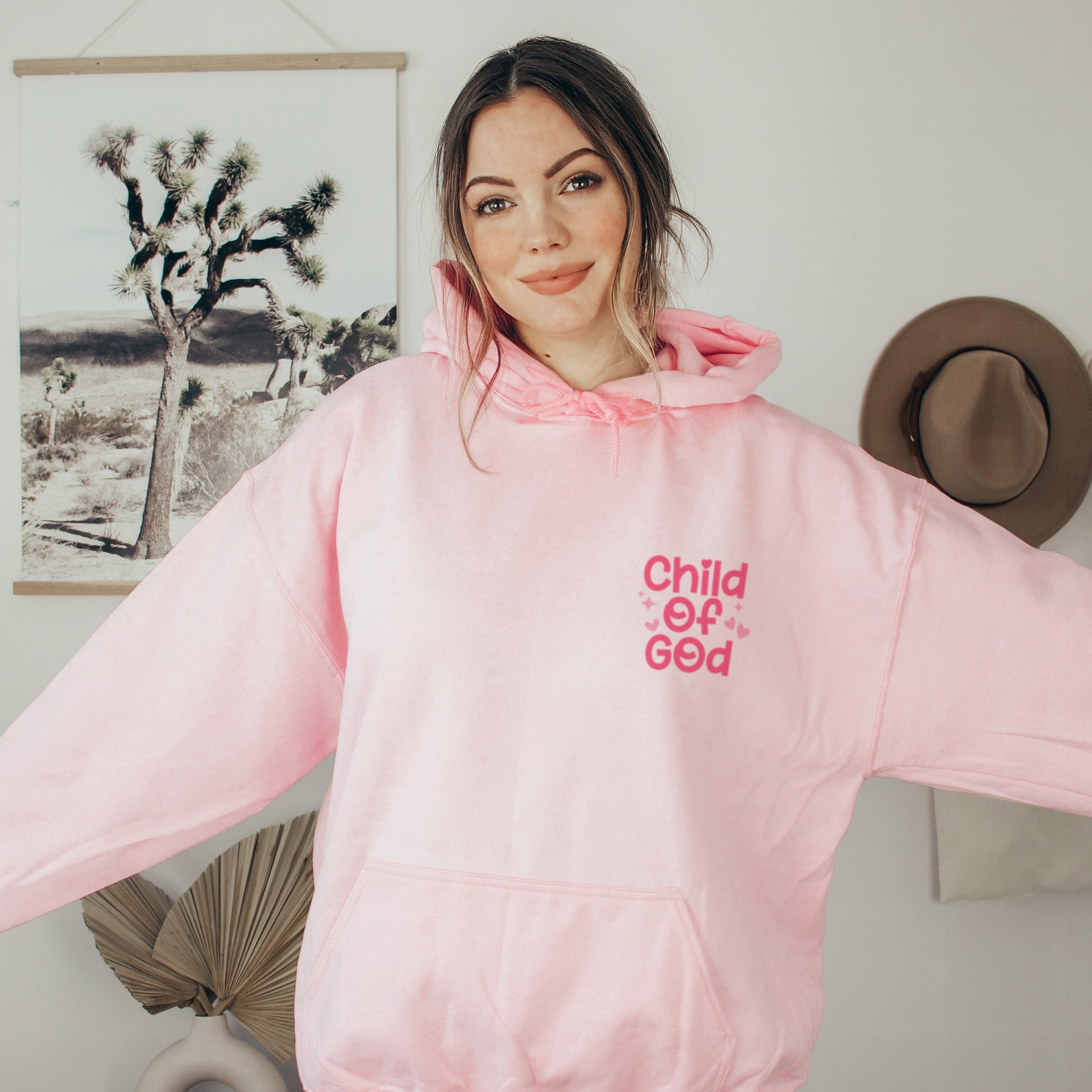 Girly Child of God hoodie with faith affirmations. Soft oversized fit in pink