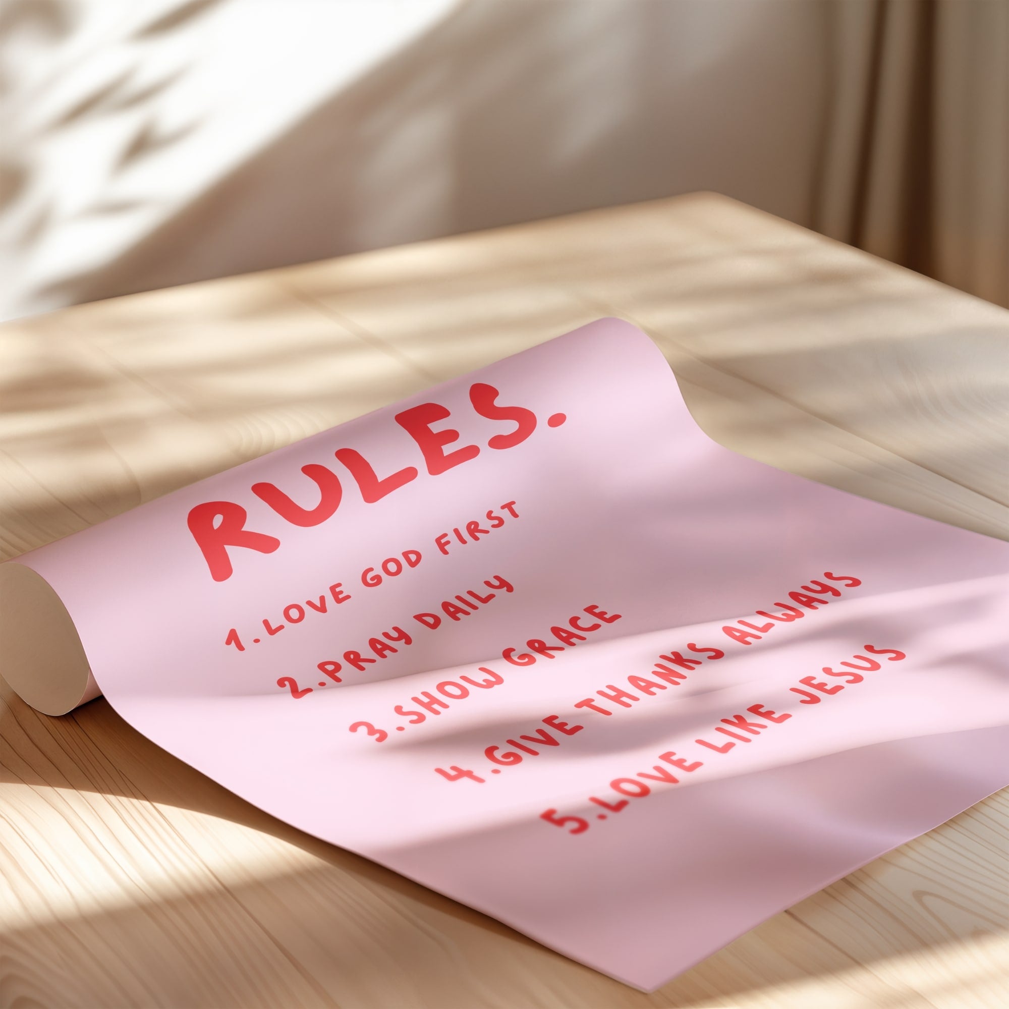 House Rules Christian wall art poster with blush pink background with bright red handwritten text listing five faith-based family rules