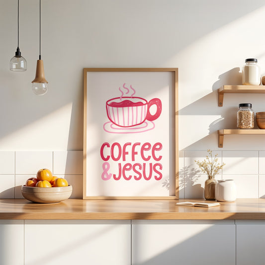 Pink Coffee and Jesus wall art print, Christian quote poster, modern blush home decor
