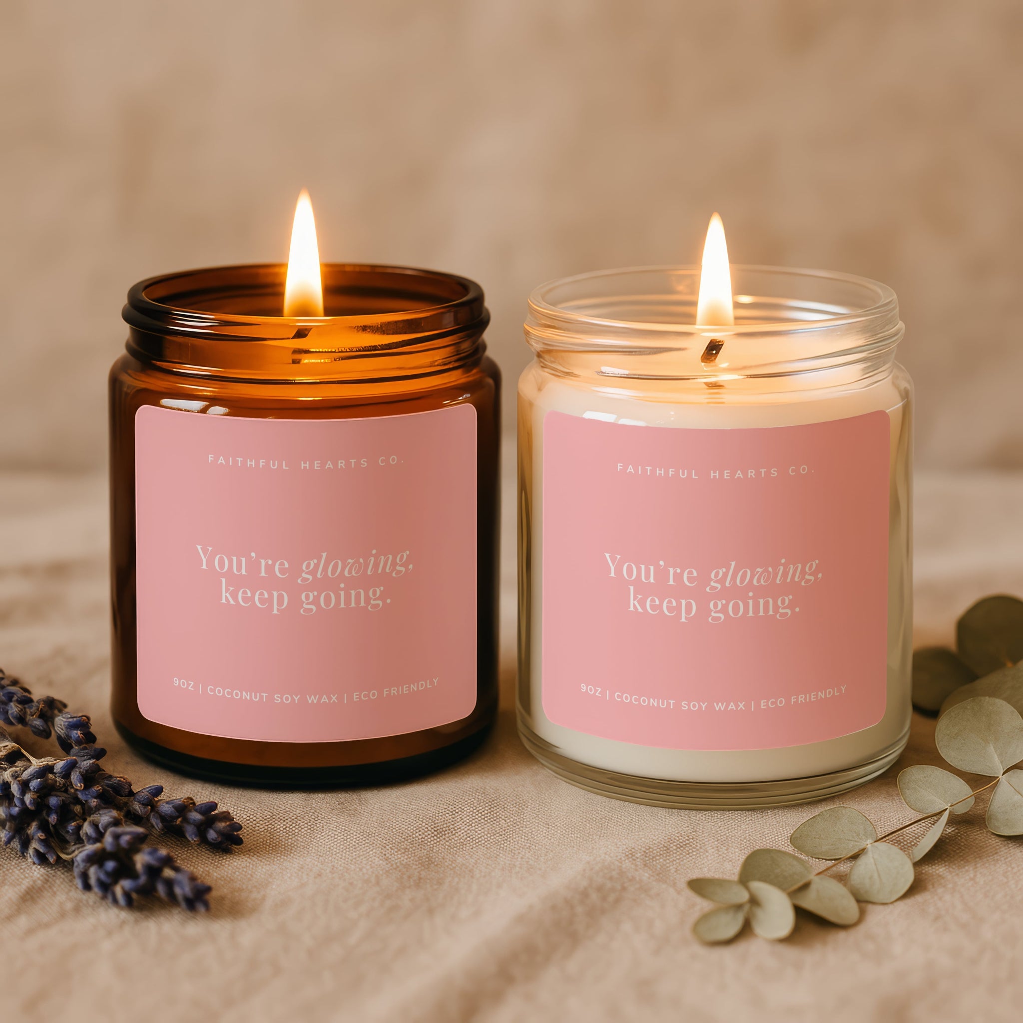 amber and clear jar candles with encouraging message on pink label as a gift for women