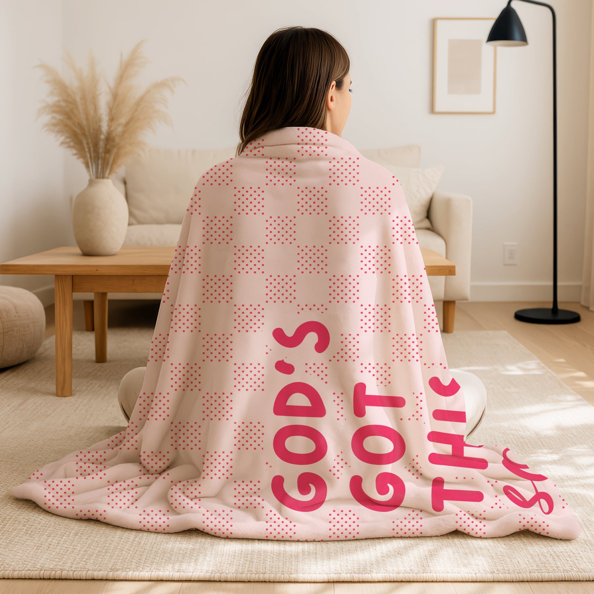 Pink Christian blanket with playful polka dots and God’s Got This So Chill encouragement text