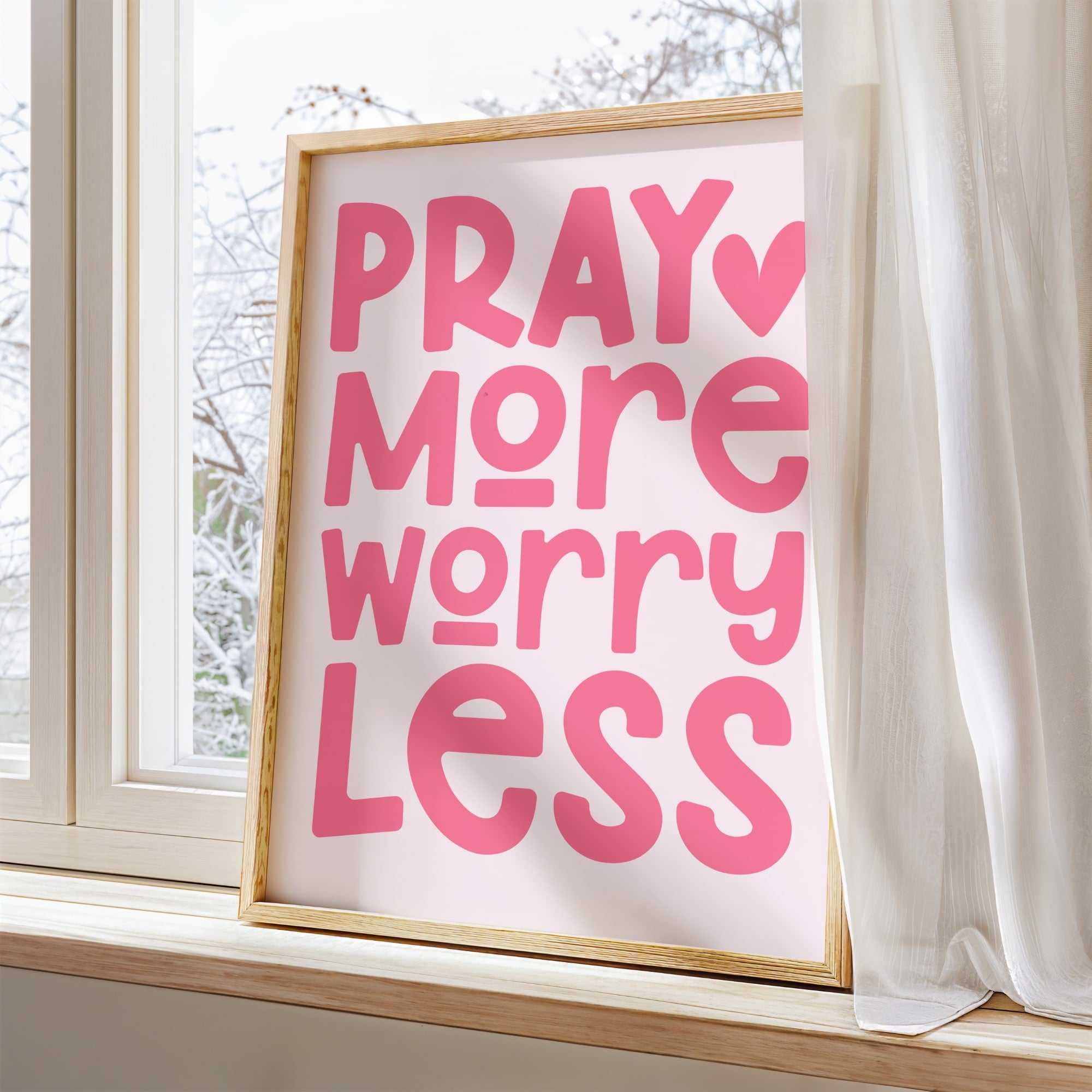 Pray More Worry Less printable wall art in blush pink for nursery or prayer corner.
