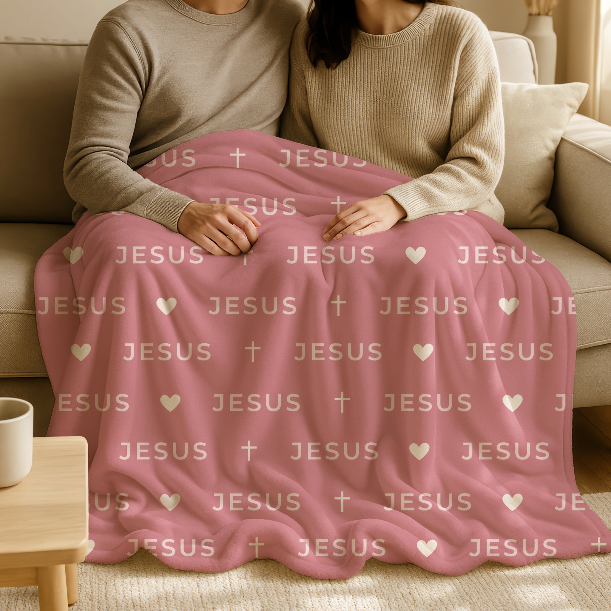 Faith-based blush Jesus blanket with light cream typography
