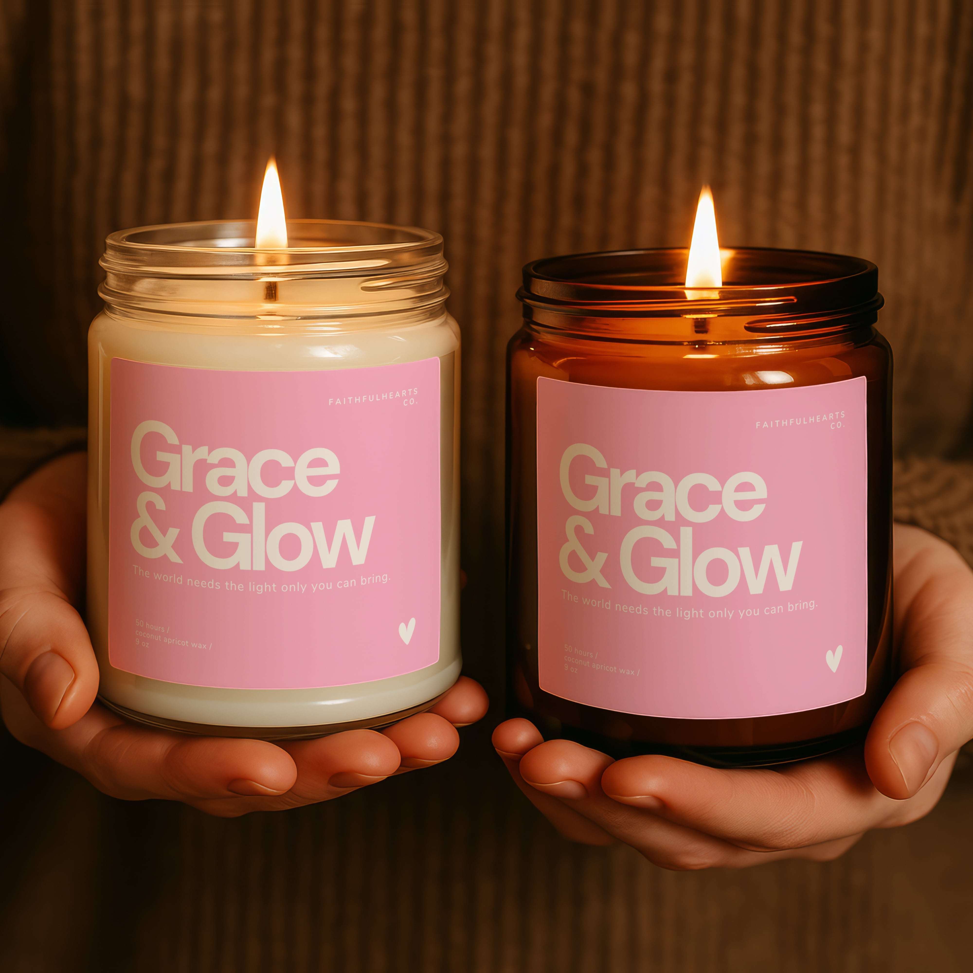 Grace & Glow faith candle with pink label, spiritual candle gift for her, handmade with coconut wax and encouraging message.