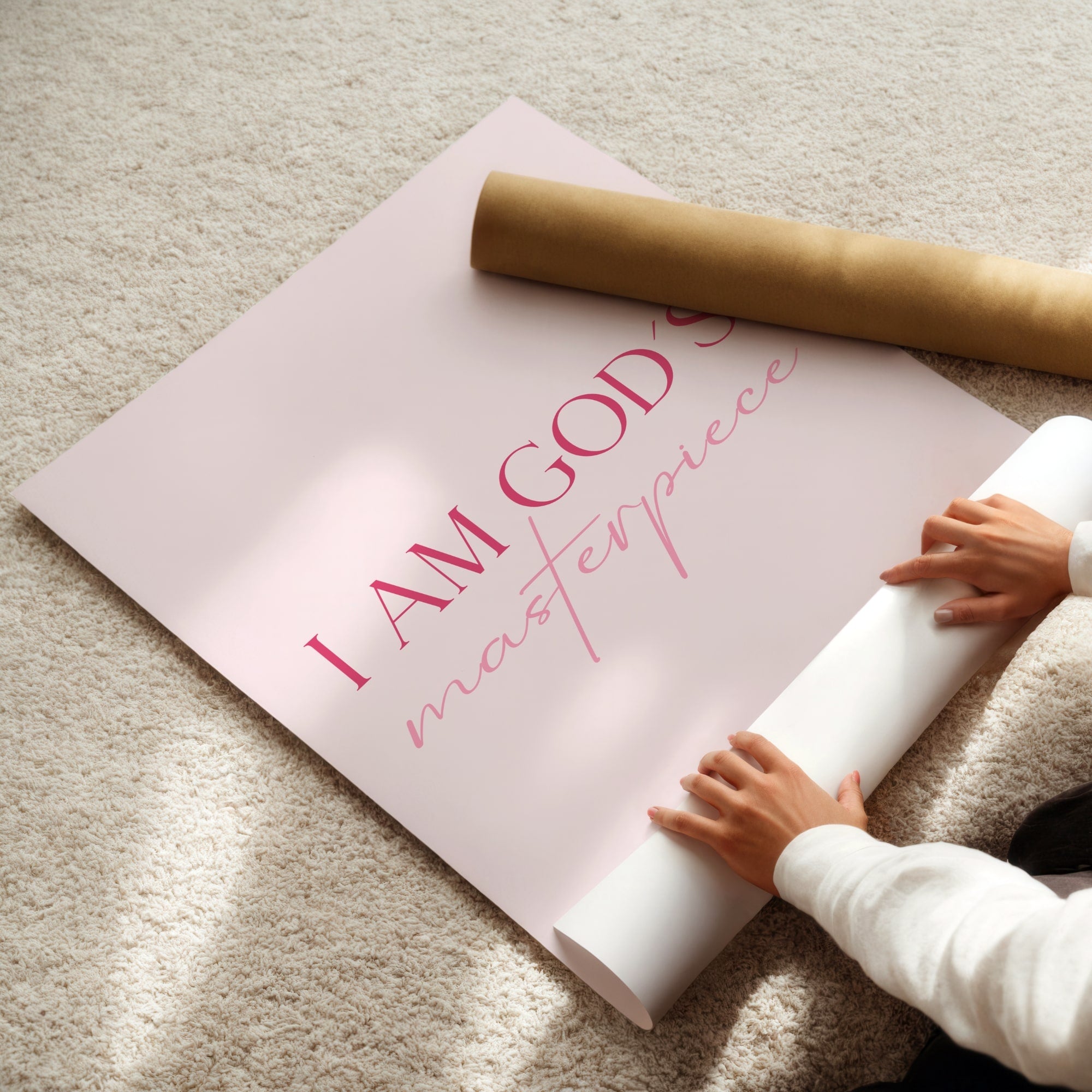 Feminine Christian wall art print with uplifting “I Am God’s Masterpiece” design.