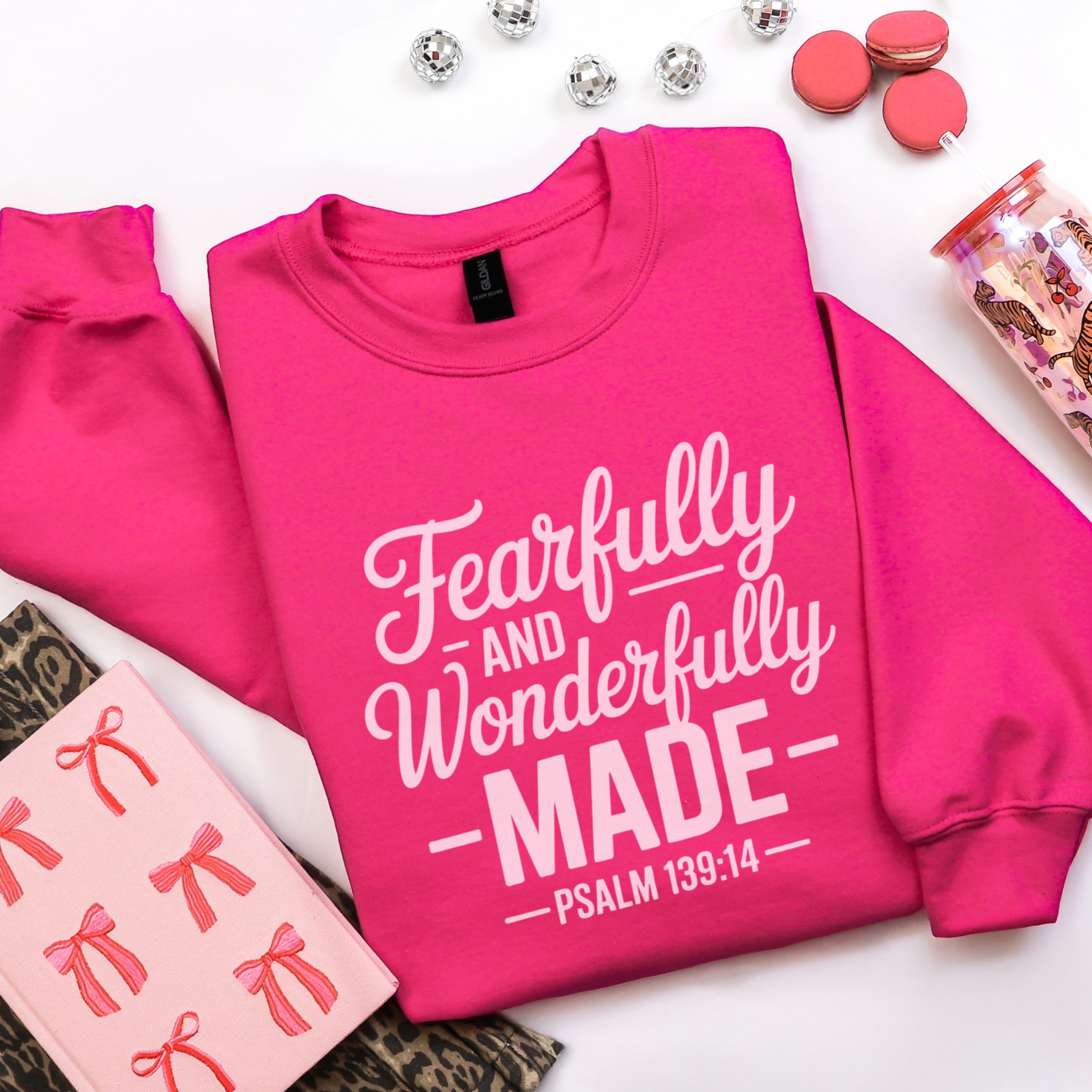 Fearfully And Wonderfully Made hot pink sweatshirt flat lay - Psalm 139:14 empowering Christian apparel for women