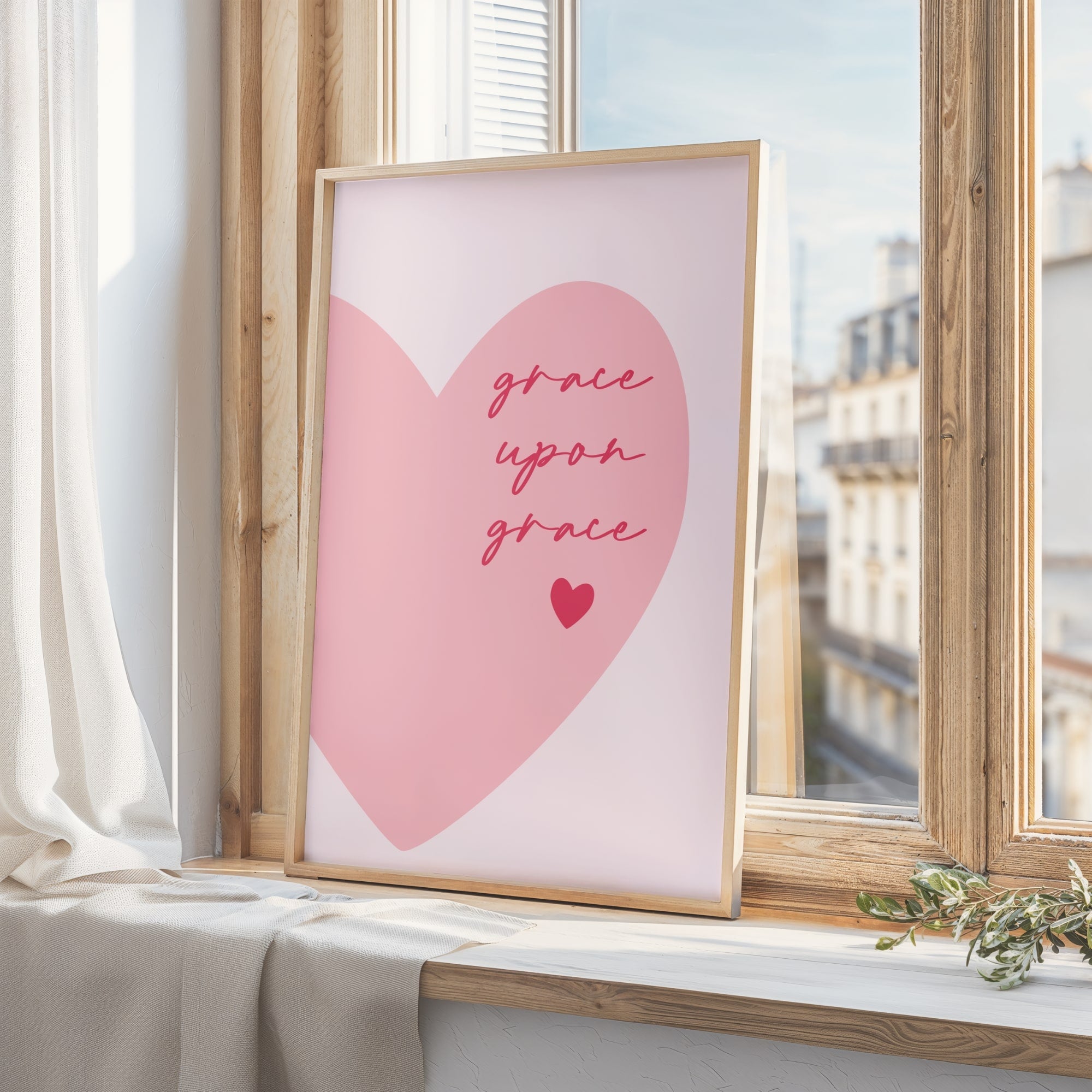 Soft pink heart wall art print with Grace Upon Grace lettering, ideal for prayer spaces, nurseries or as a housewarming gift.