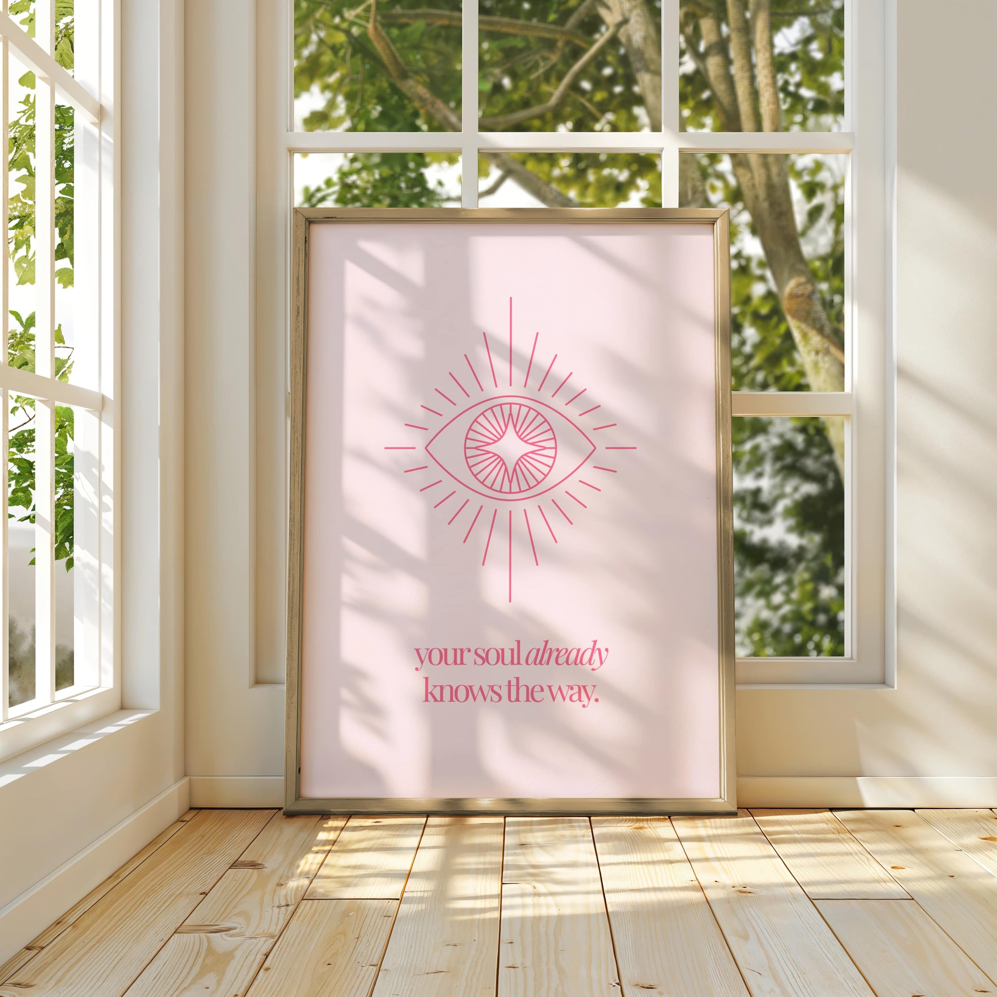 Your soul already knows the way spiritual wall art print with coral pink mystical eye illustration