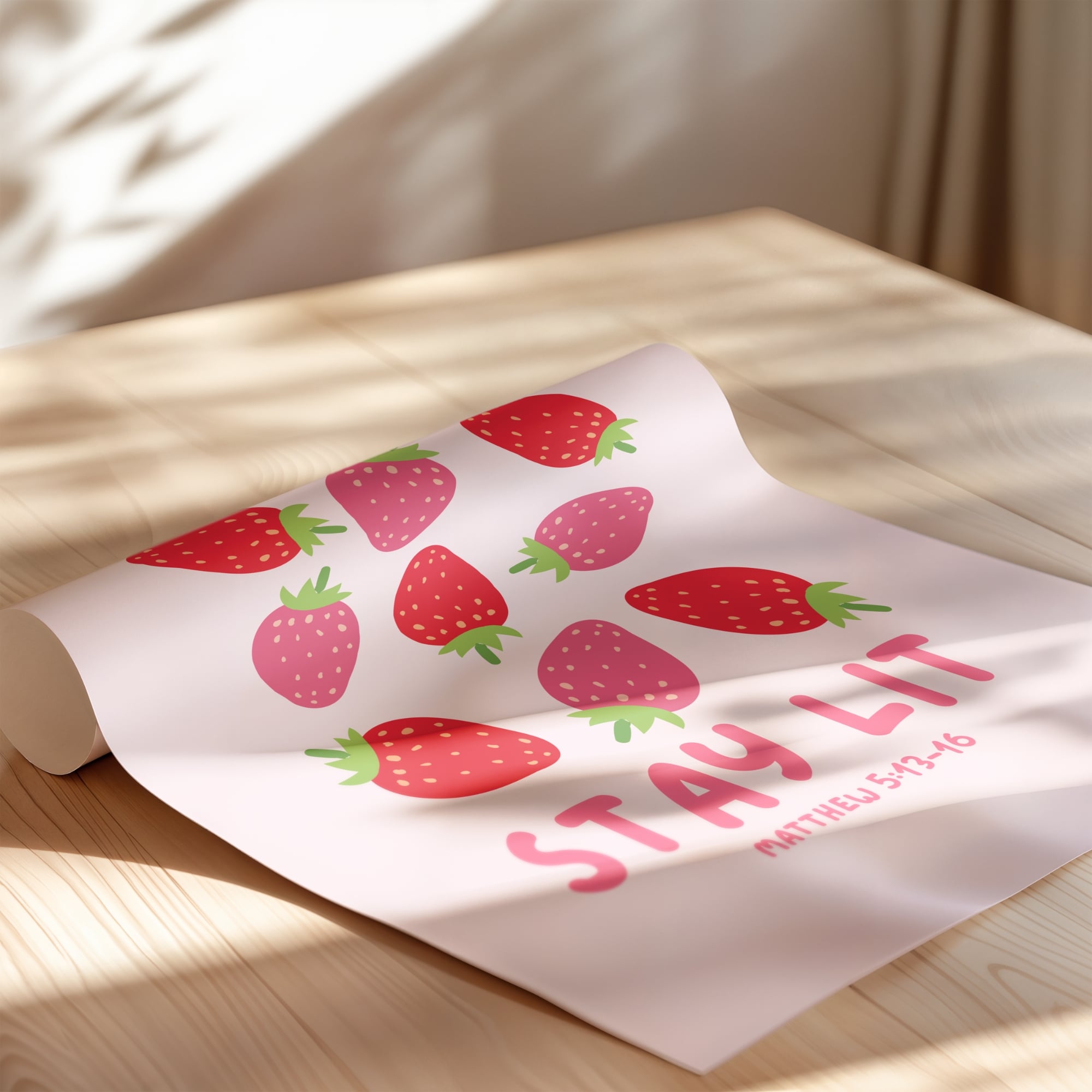 Pink strawberry wall art with stay salty stay lit on in a fun typography