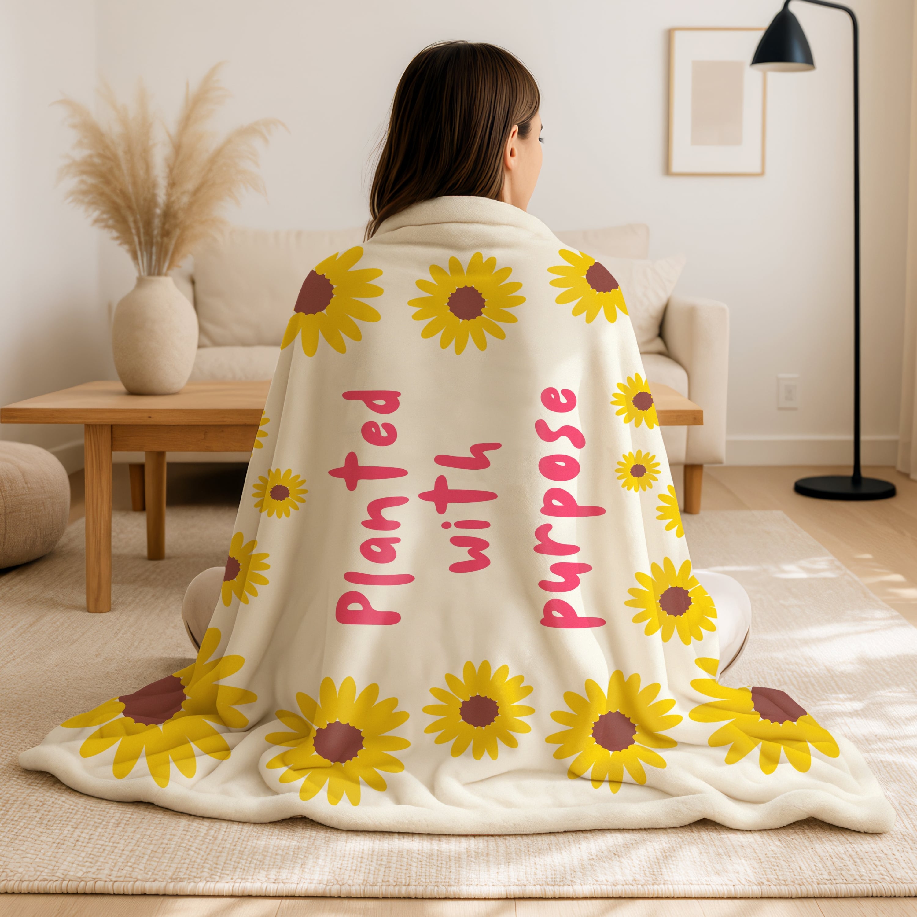 Person wrapped in a blanket with sunflower patterns and text in a living room.