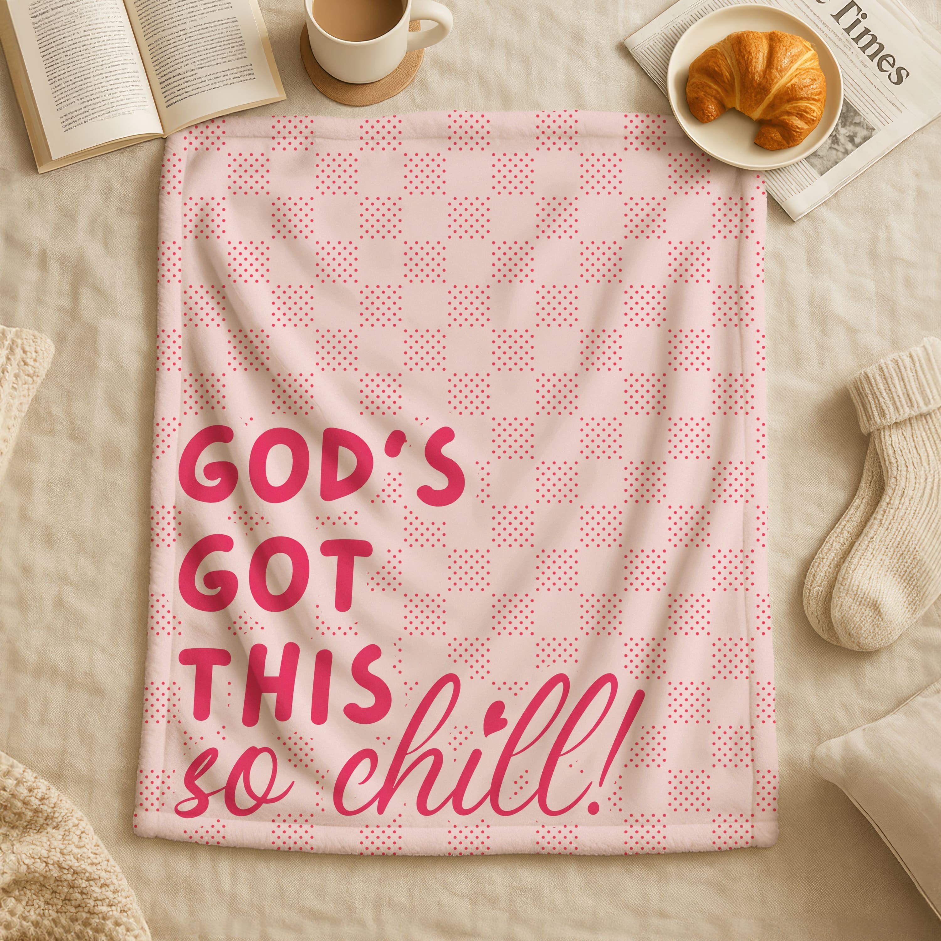 God's got this so chill blanket in soft blush pink with hot pink polka dot pattern, playful bold and script text in bright pink, encouraging Christian throw blanket