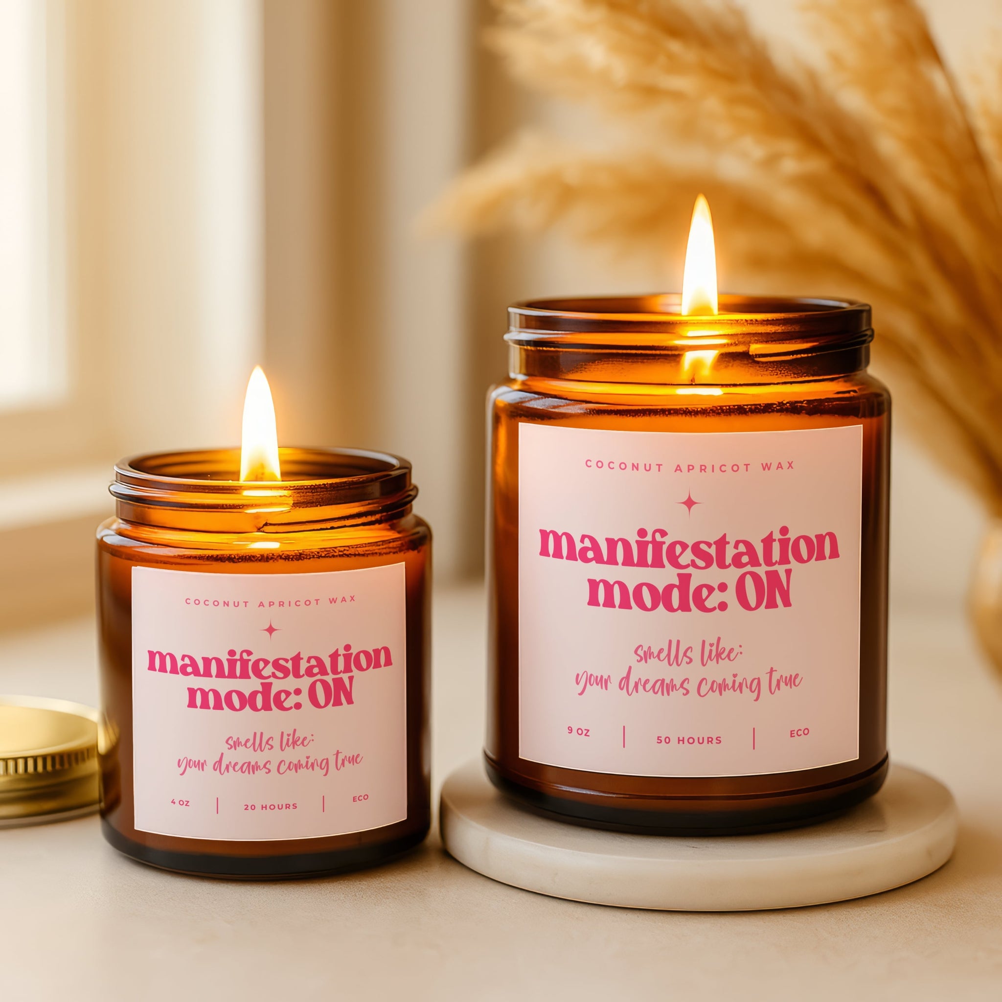 Fun amber jar candle gift with manifestation mode on and smells like your dreams coming true in pink