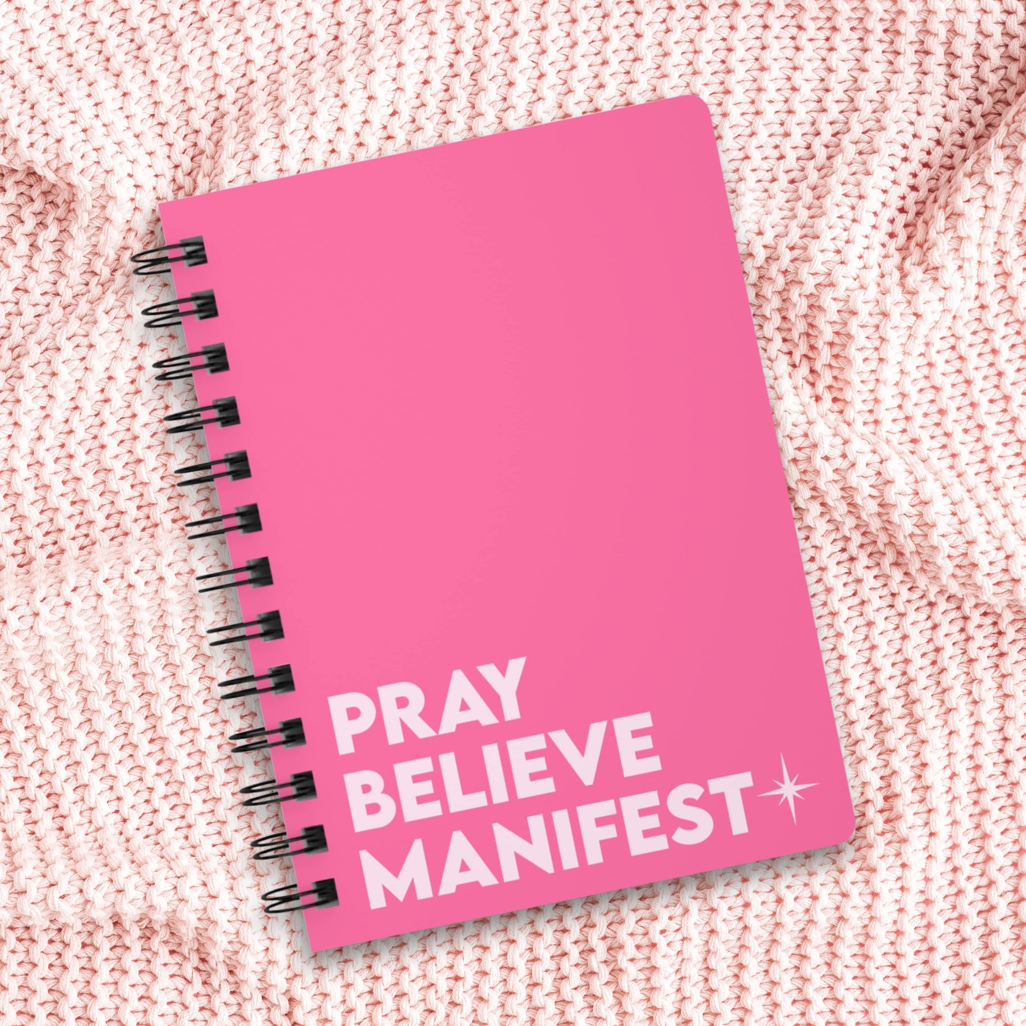 pretty pink notebook, pray believe manifest, for manifesting, scripting or prayer journal