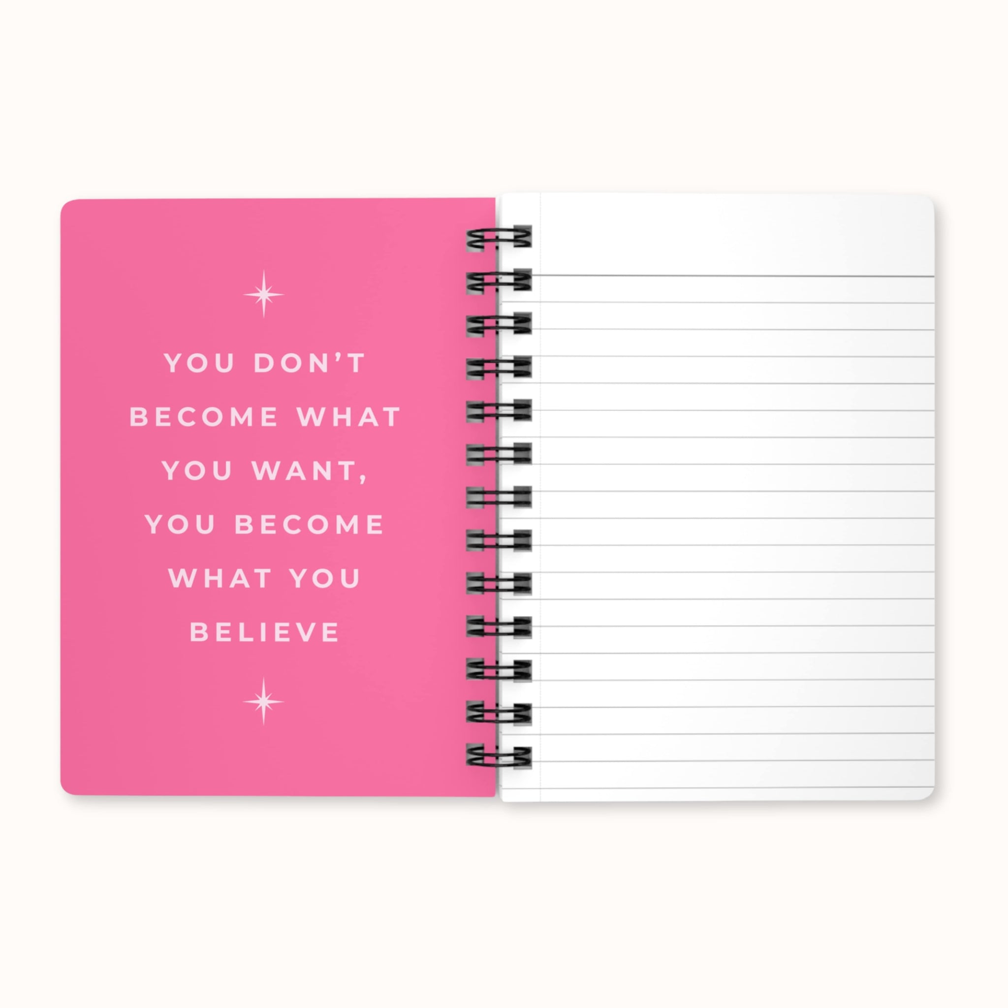 Inside pages of Pray Believe Manifest notebook showing 90gsm lined paper for journaling and scripting