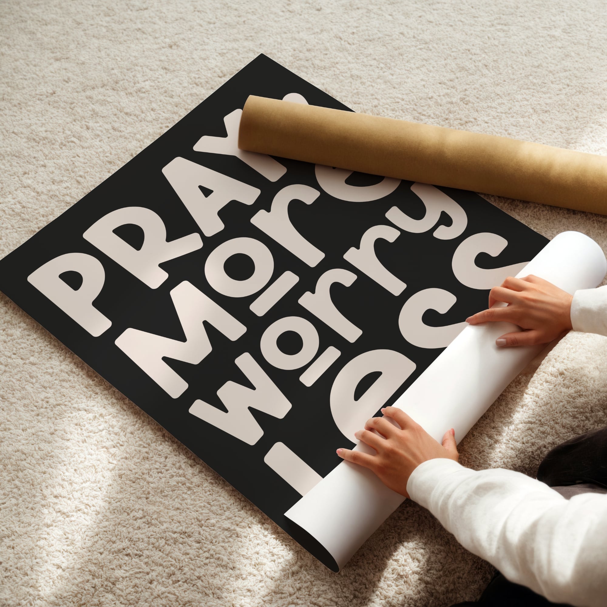 Minimalist Bible verse wall art with inspiring “Pray More Worry Less” message in black and beige.
