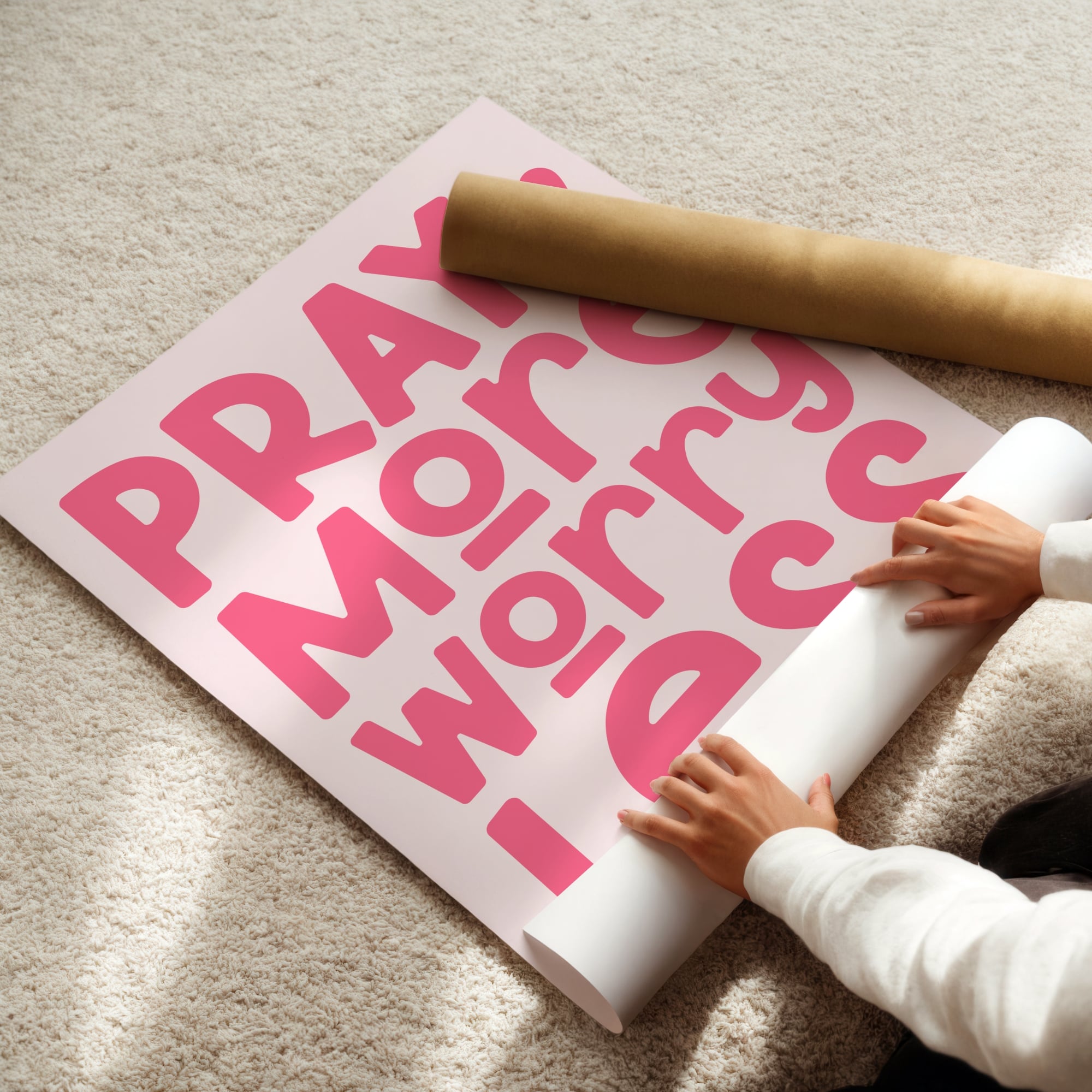 Pink “Pray More Worry Less” Christian wall art print for bedroom or living room décor.