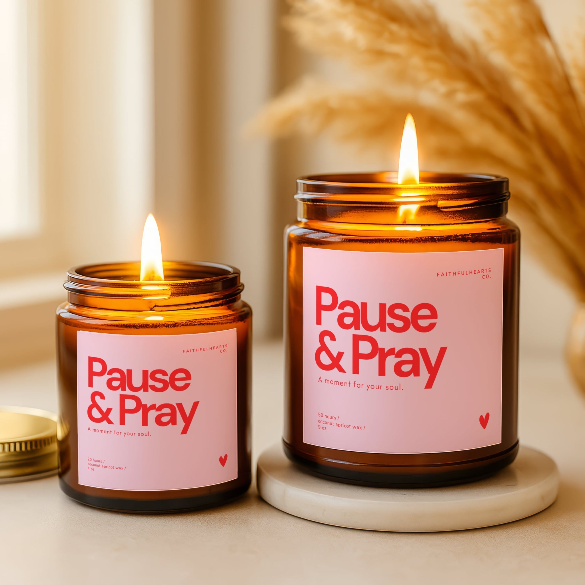Peaceful faith candle pause and pray pink label amber jar intentional prayer time gift