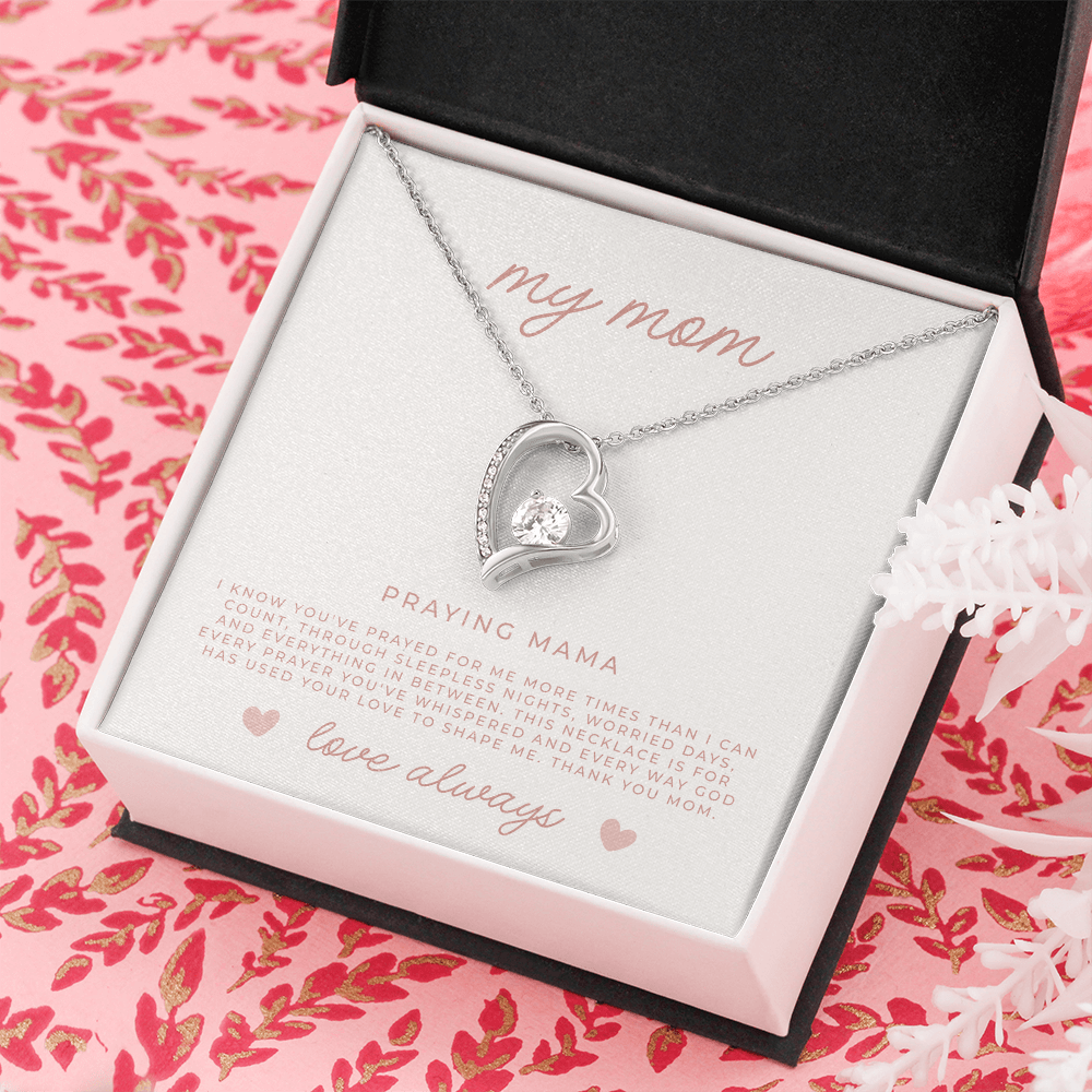 white gold heart necklace for christian moms, with faith message inside